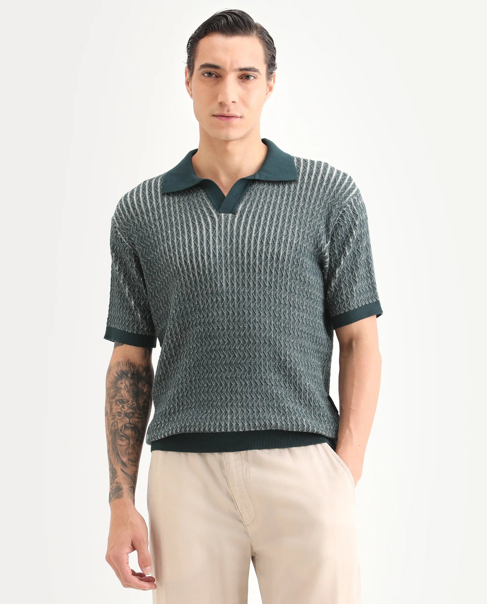 Rare Rabbit Men's Dot Petrol Cotton Fabric Full Sleeve Regular Fit Textured Polo