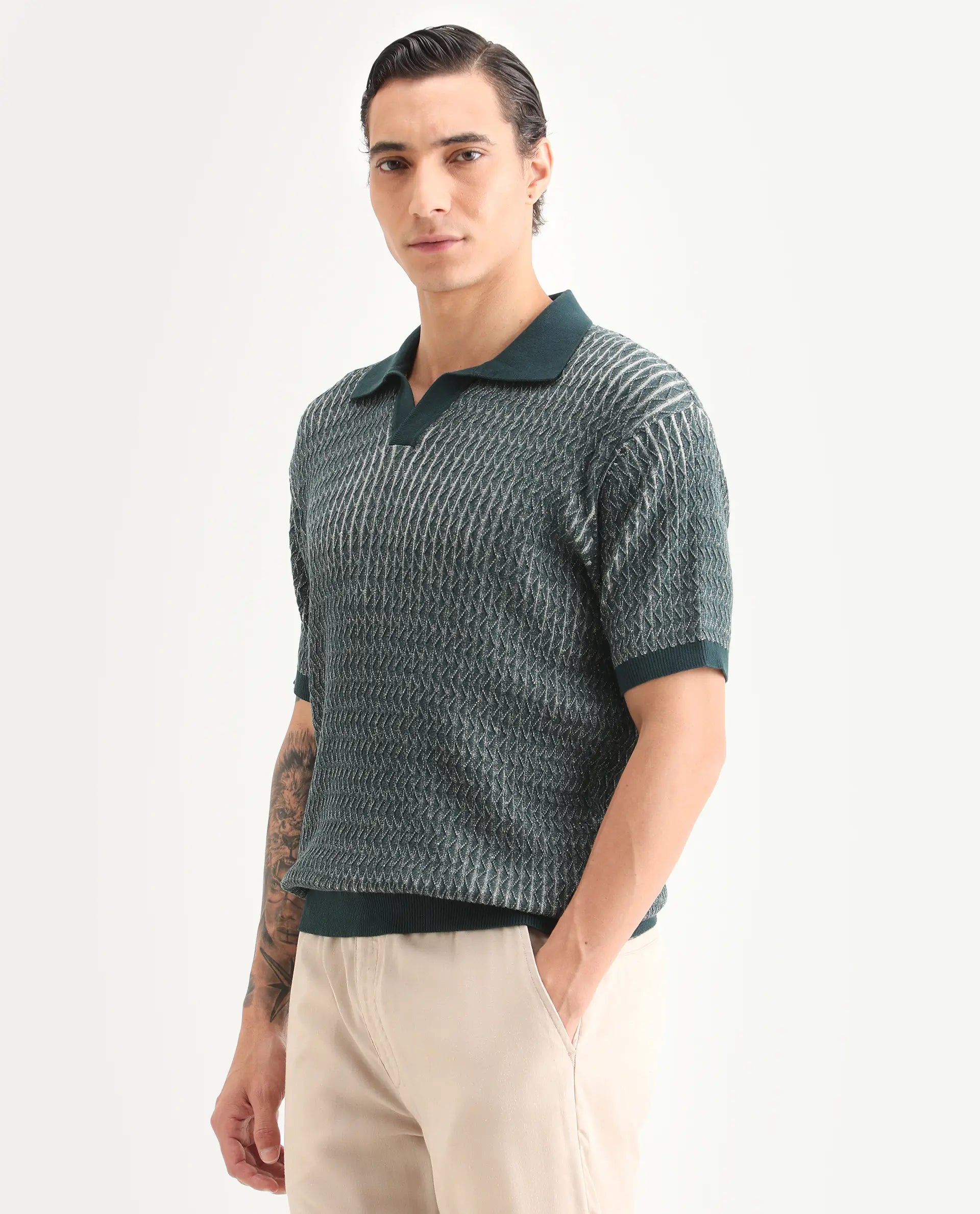 Rare Rabbit Men's Dot Petrol Cotton Fabric Full Sleeve Regular Fit Textured Polo