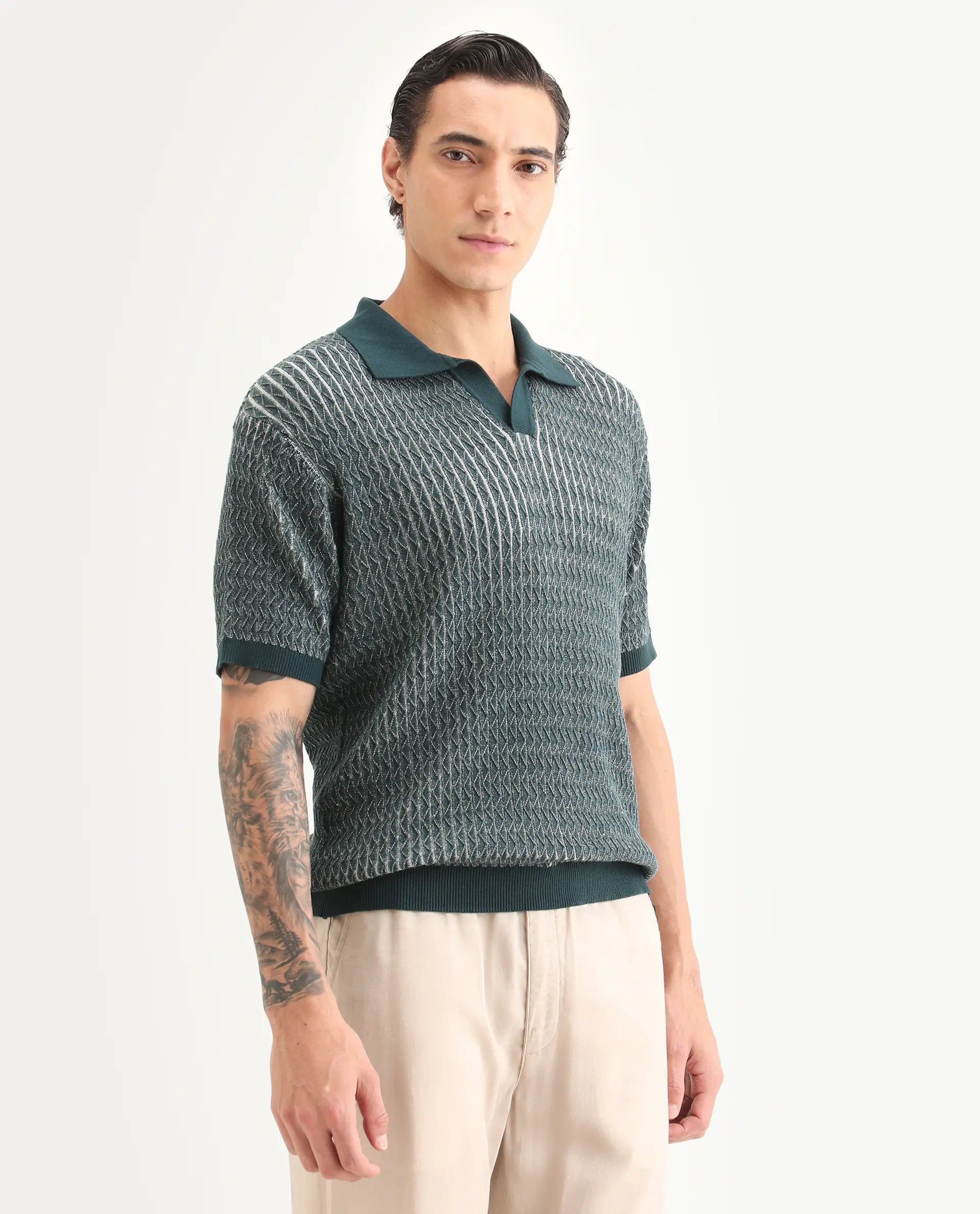 Rare Rabbit Men's Dot Petrol Cotton Fabric Full Sleeve Regular Fit Textured Polo