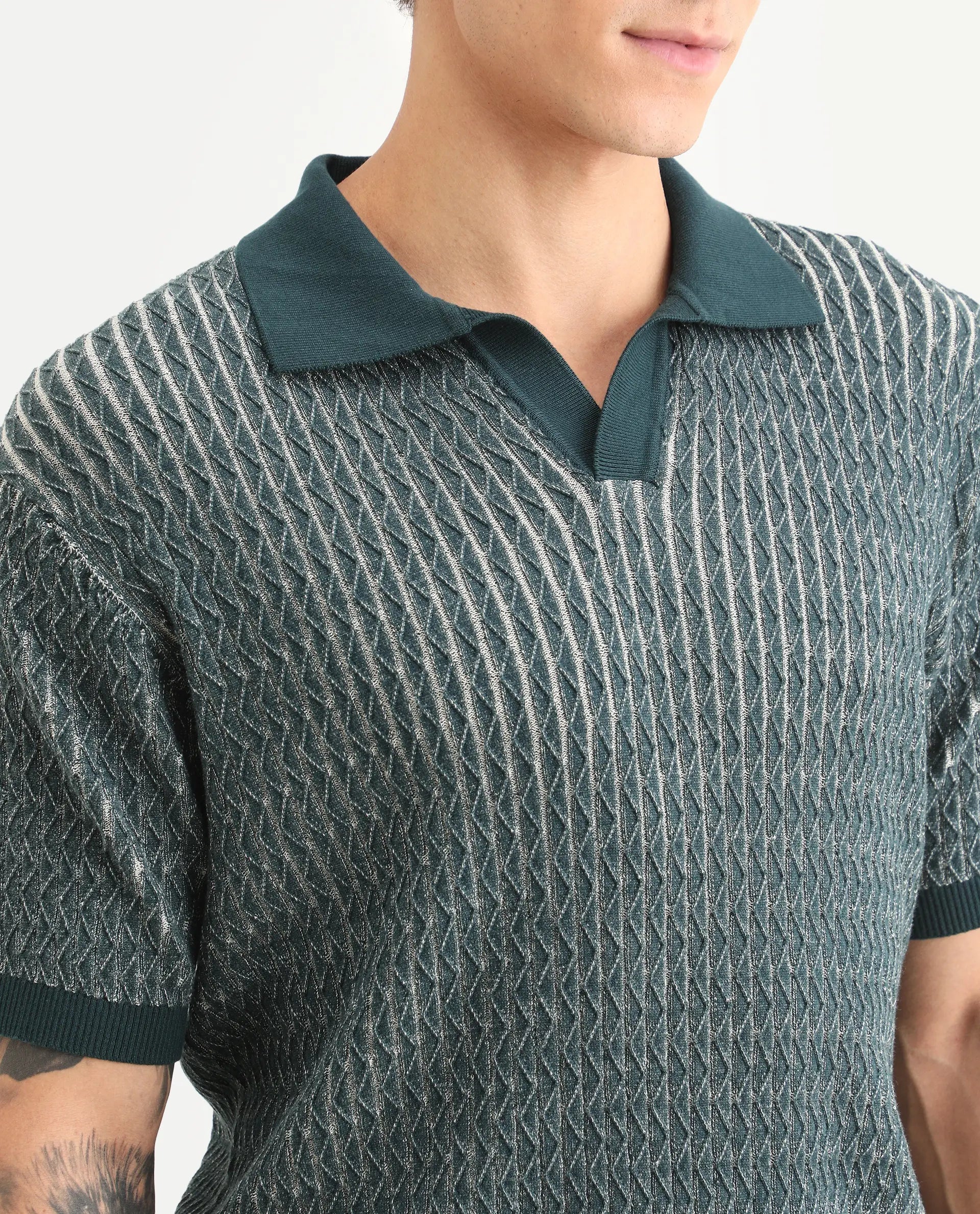 Rare Rabbit Men's Dot Petrol Cotton Fabric Full Sleeve Regular Fit Textured Polo