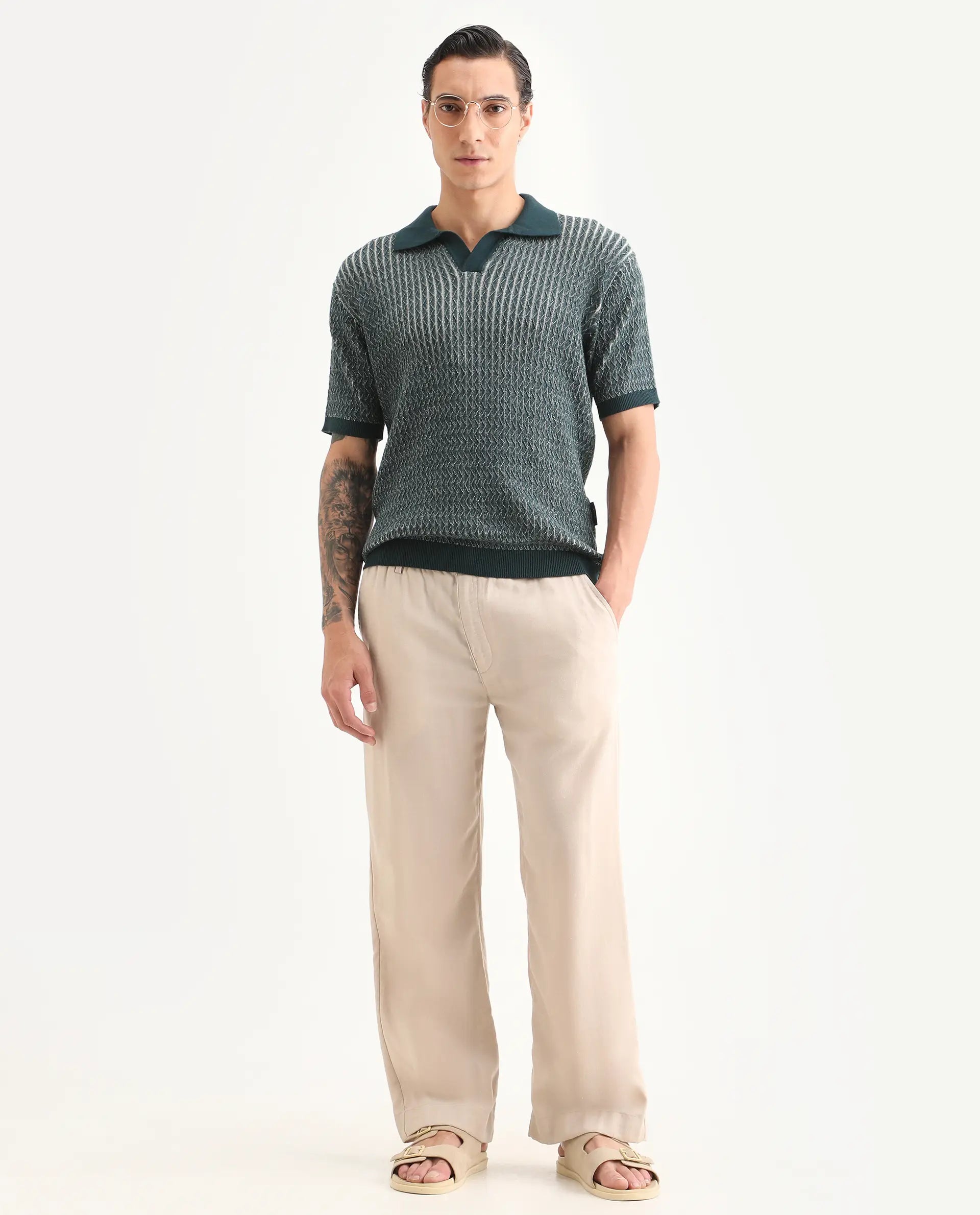 Rare Rabbit Men's Dot Petrol Cotton Fabric Full Sleeve Regular Fit Textured Polo