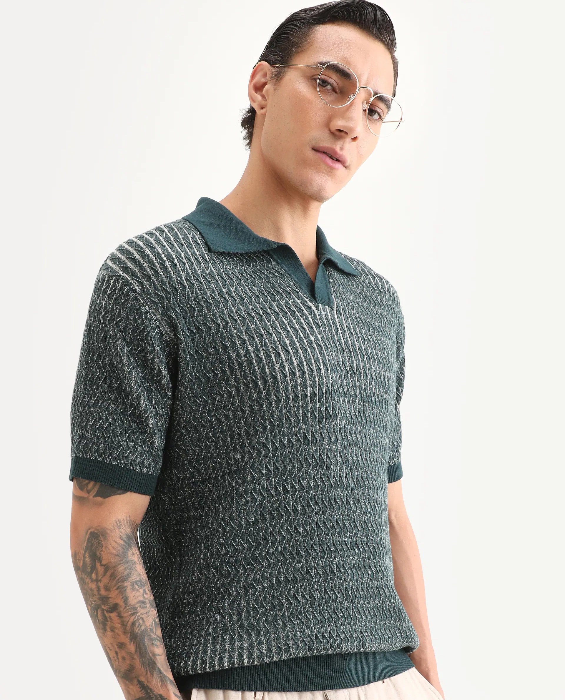 Rare Rabbit Men's Dot Petrol Cotton Fabric Full Sleeve Regular Fit Textured Polo