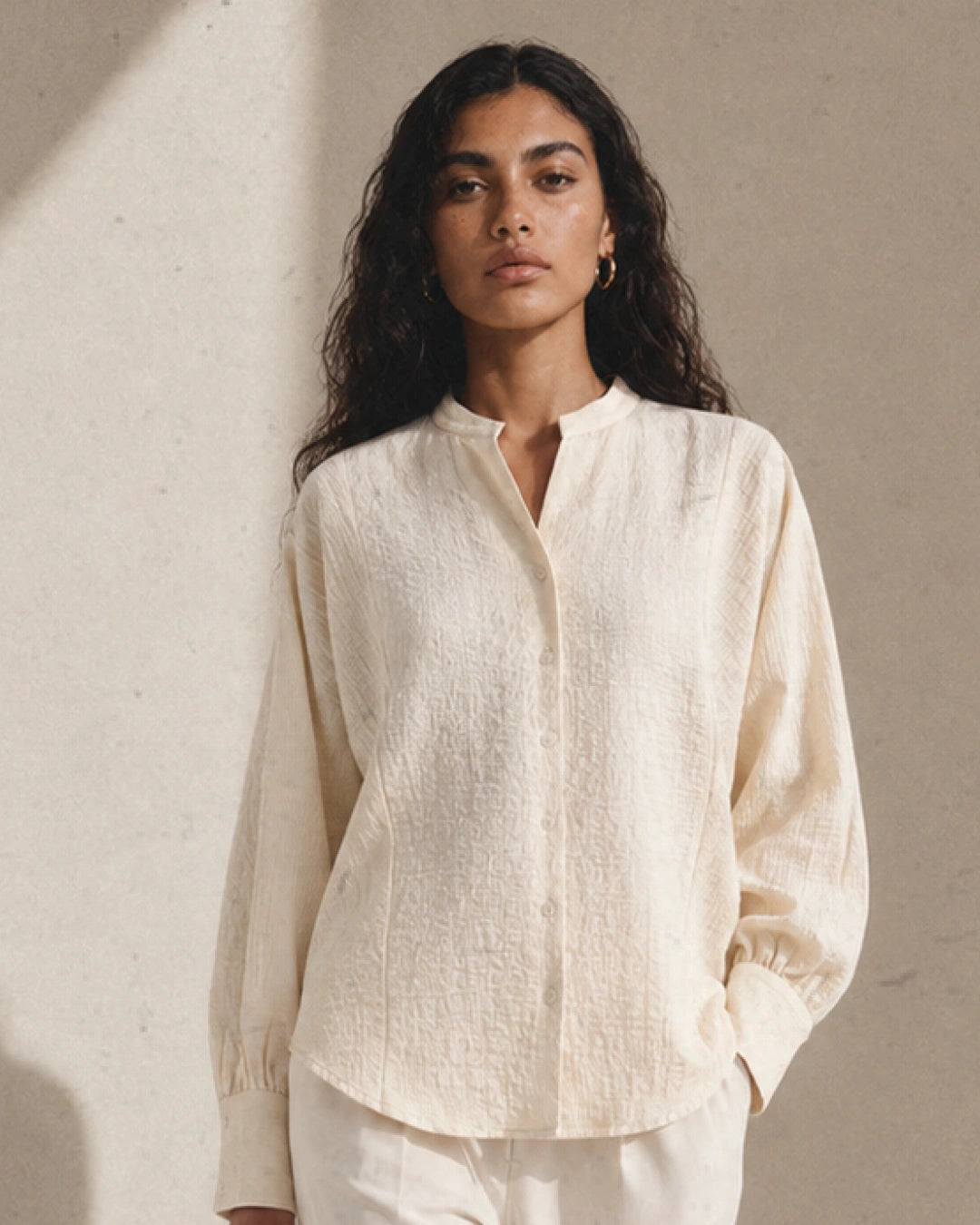 Rareism Women's Dove Off White Viscose Blend Band Collar Button Regular Plain Top