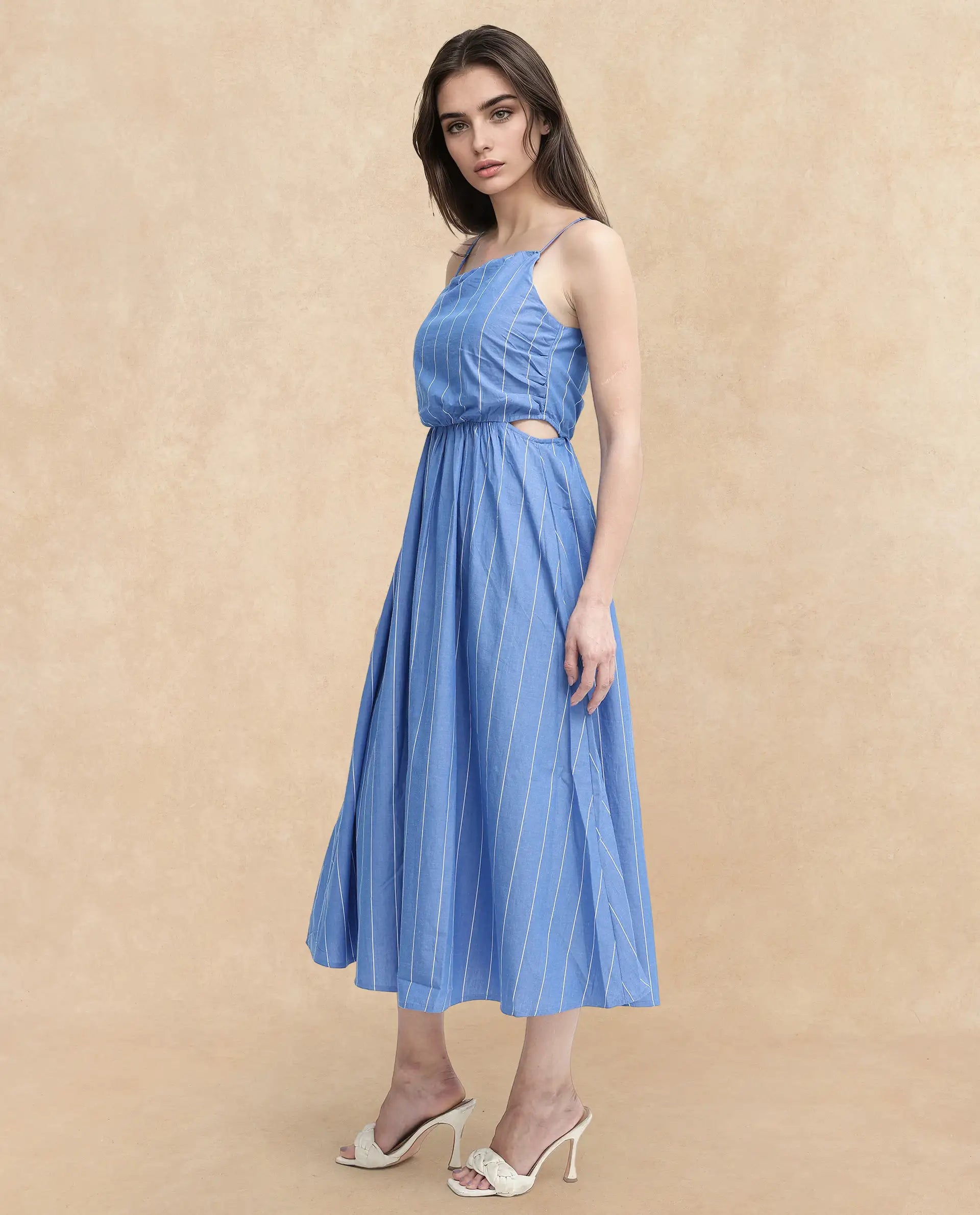 Rareism Women's Doyle Blue  Asymmetric Neck Zipper Closure Sleeveless Striped Fit And Flare Midi Dress