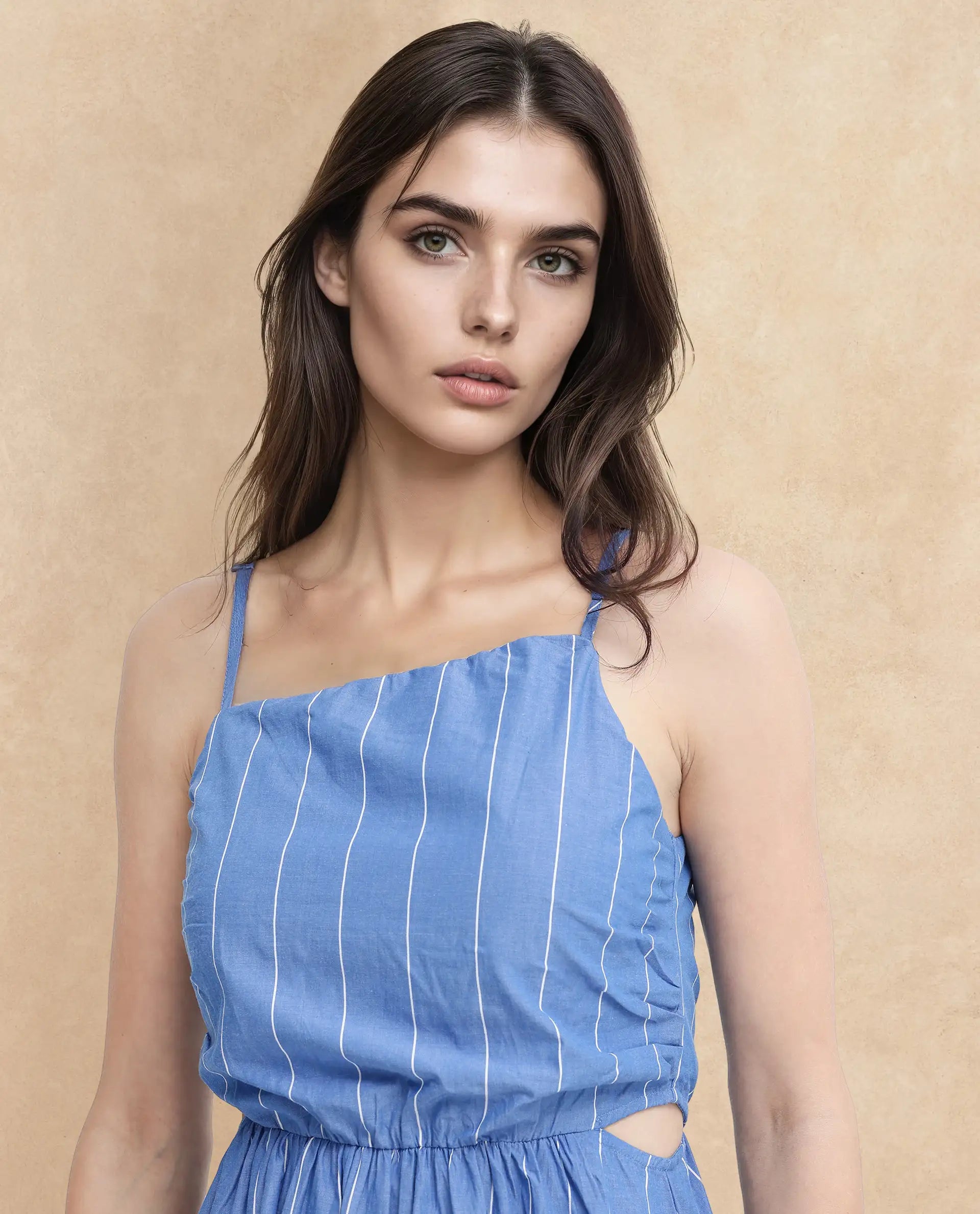 Rareism Women's Doyle Blue  Asymmetric Neck Zipper Closure Sleeveless Striped Fit And Flare Midi Dress