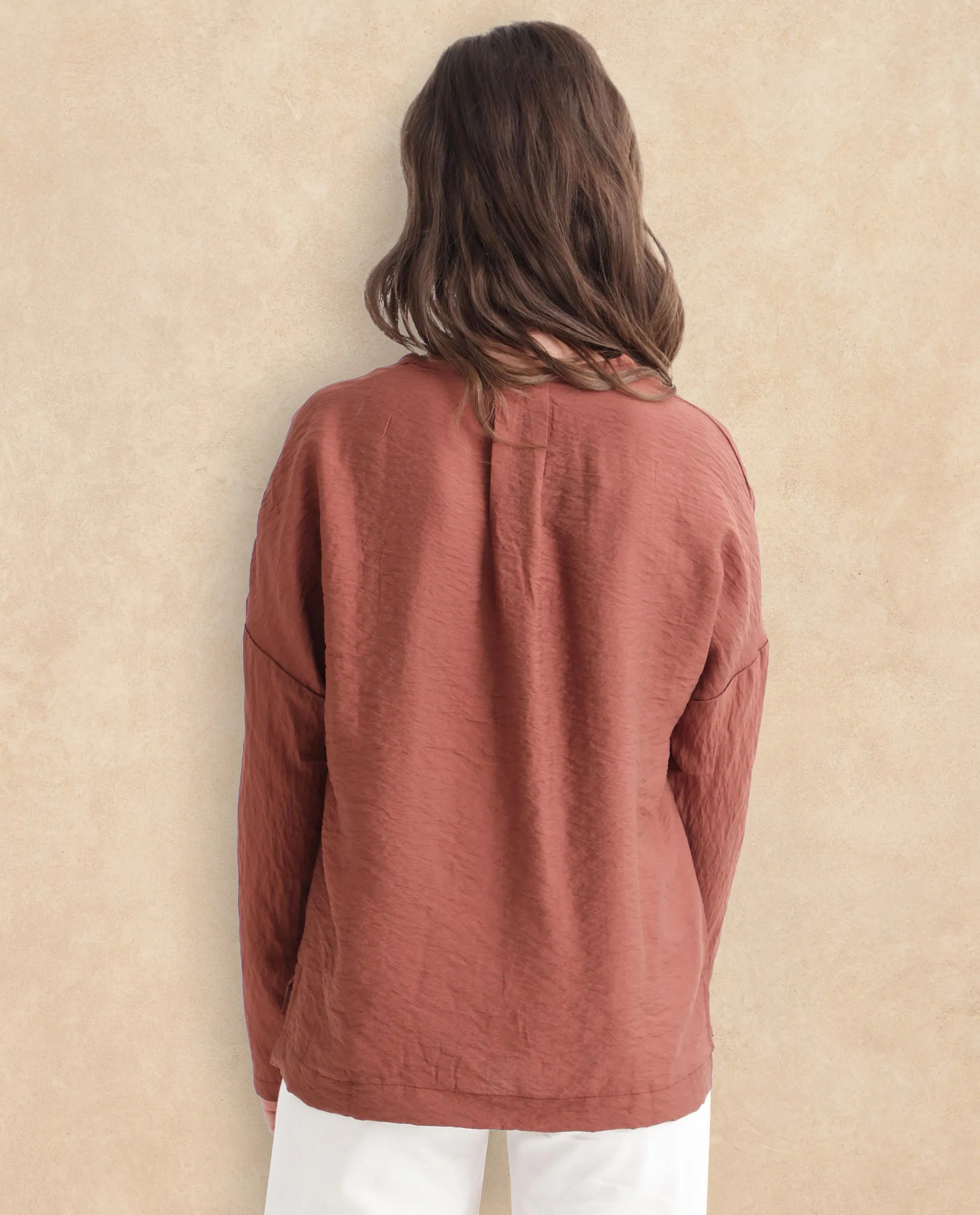 Rareism Women Drap Brown Viscose Nylon Fabric Full Sleeves Lapel Neck Relaxed Fit Plain Top