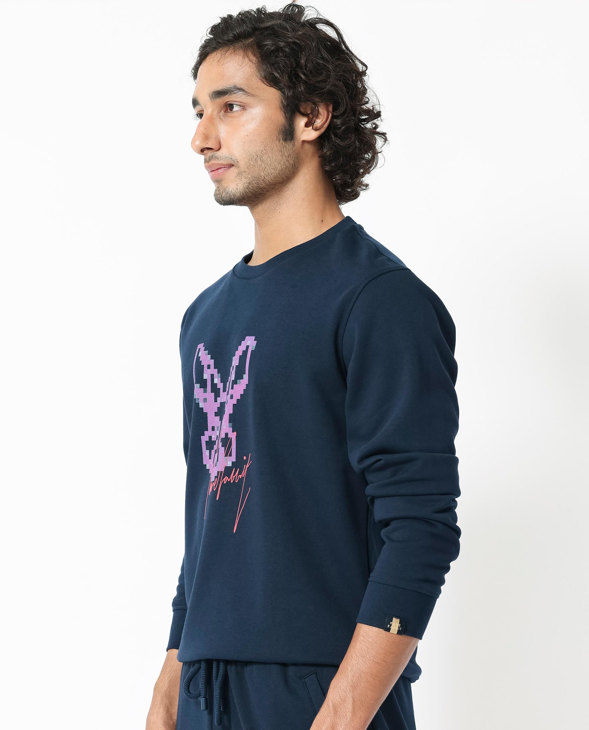 Rare Rabbit Men's Drato Navy Cotton Polyester Terry Fabric Full Sleeves Logo Graphic Print Knitted Sweatshirt