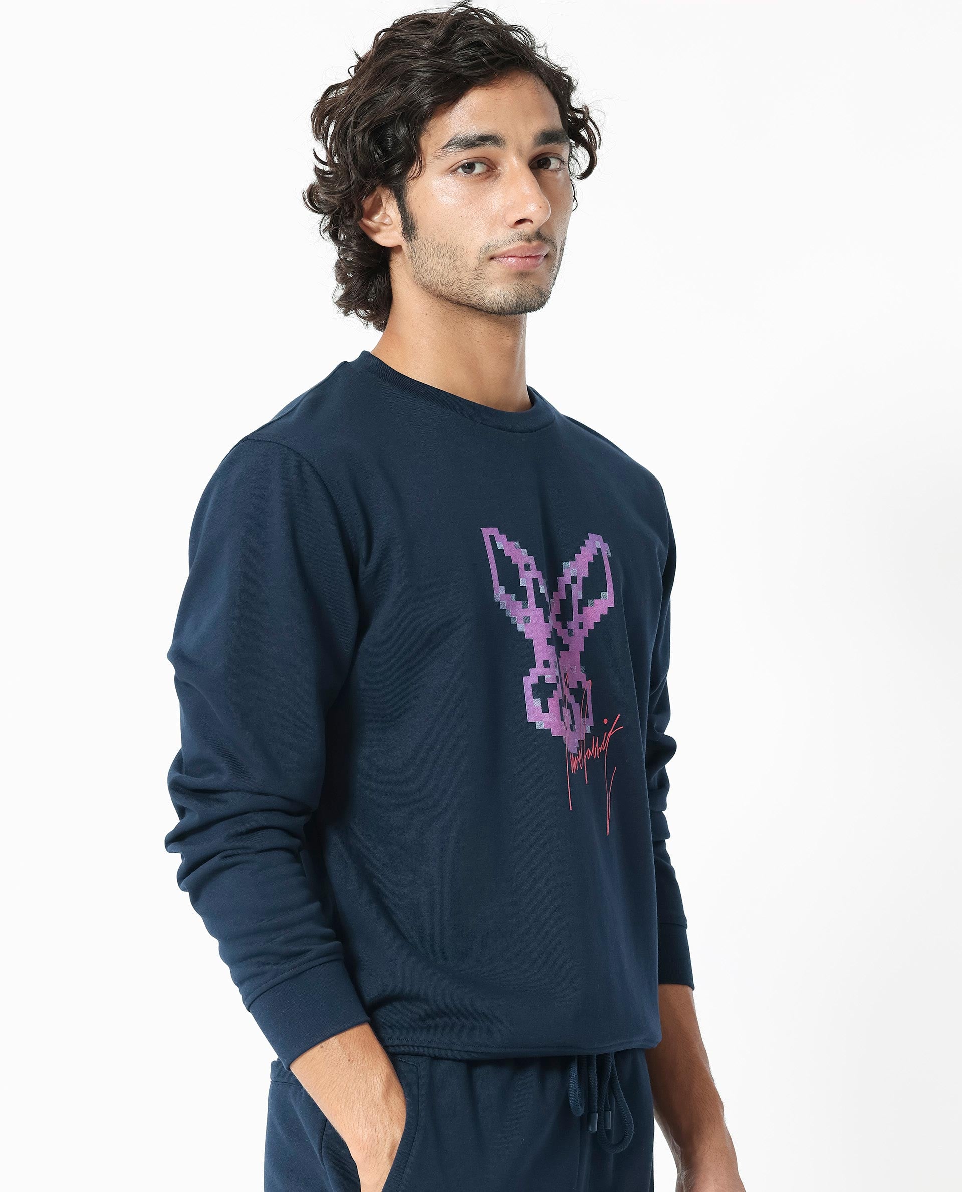 Rare Rabbit Men's Drato Navy Cotton Polyester Terry Fabric Full Sleeves Logo Graphic Print Knitted Sweatshirt