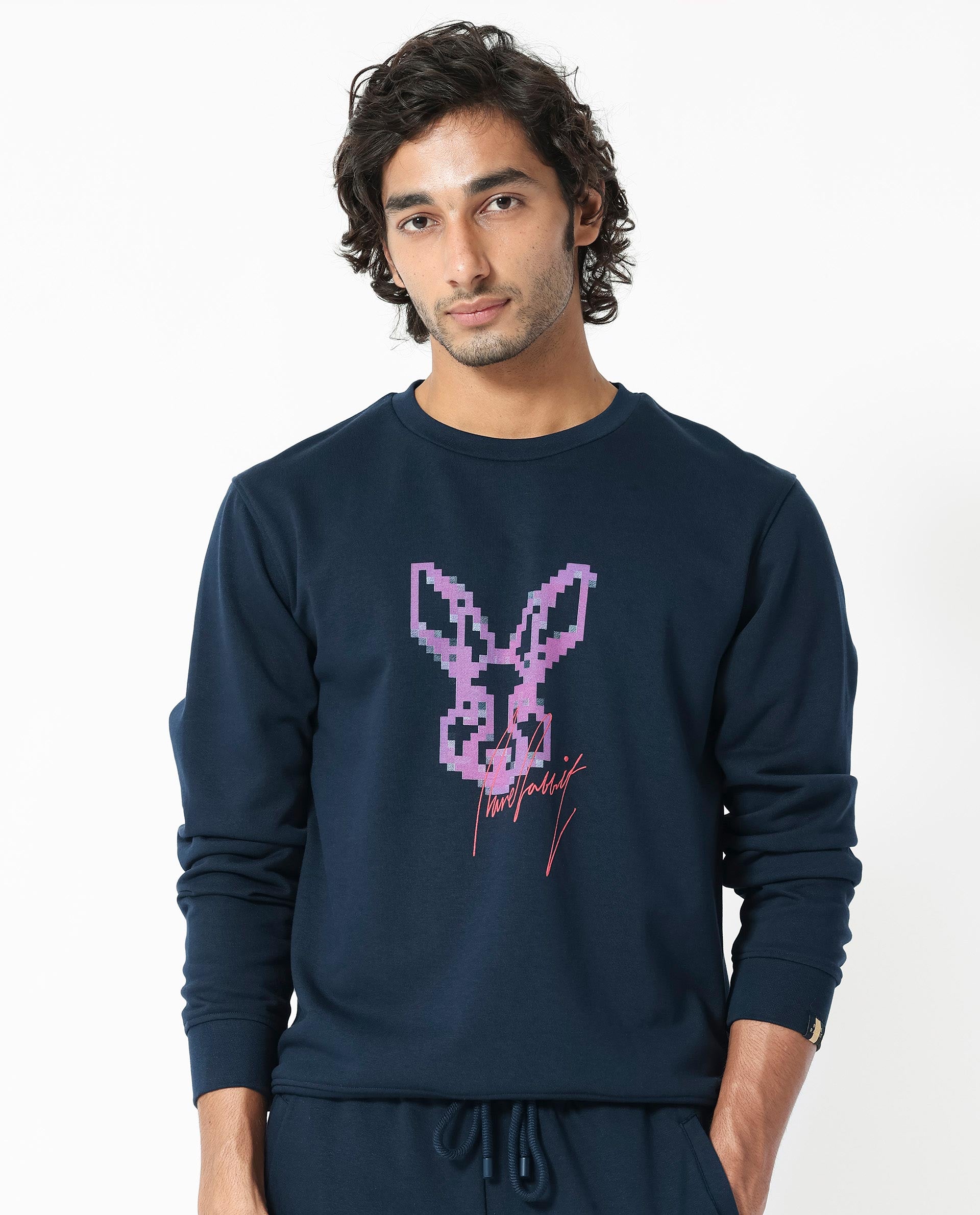 Rare Rabbit Men's Drato Navy Cotton Graphic Print Regular Fit Full Sleeve Crew Neck Sweatshirt