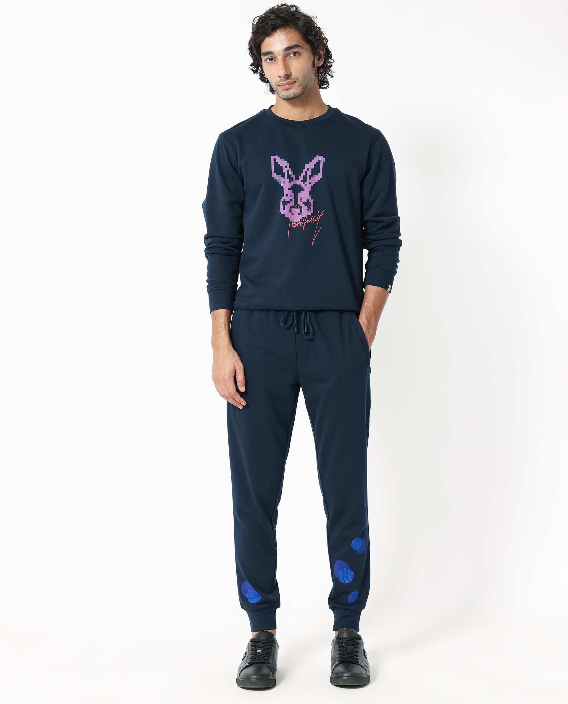 Rare Rabbit Men's Drato Navy Cotton Polyester Terry Fabric Full Sleeves Logo Graphic Print Knitted Sweatshirt