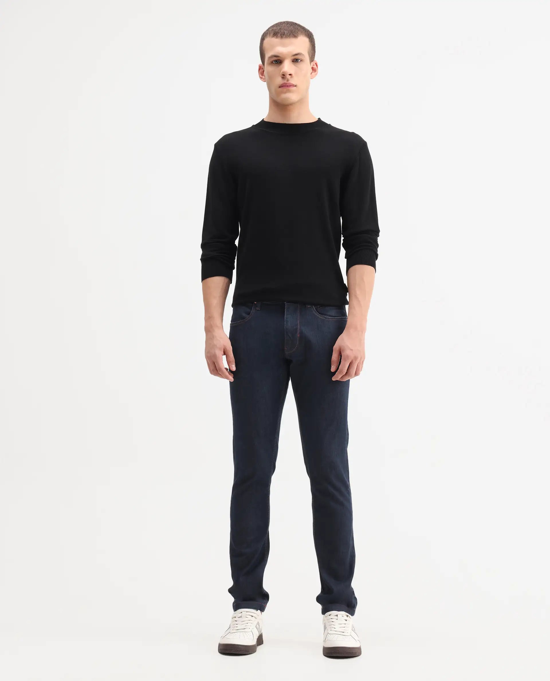 Rare Rabbit Men's Dratt Navy Cotton Plain Hawk Slim Fit Jeans