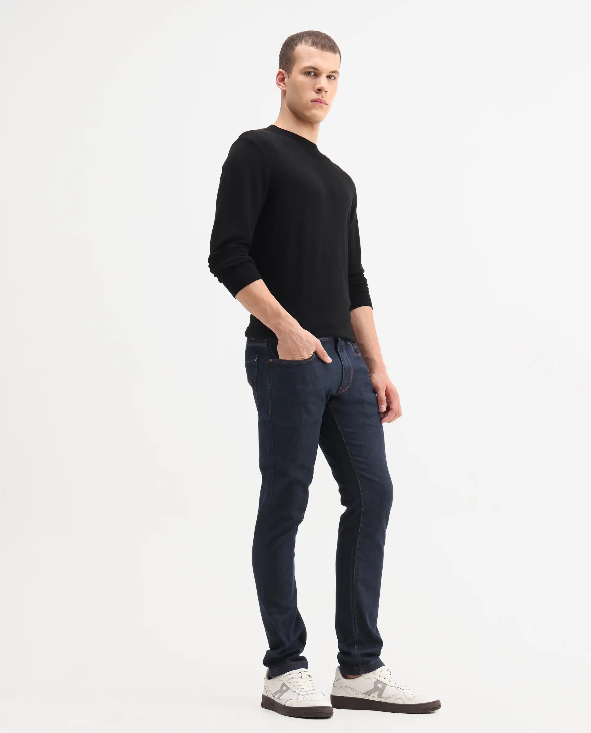 Rare Rabbit Men's Dratt Navy Cotton Plain Hawk Slim Fit Jeans