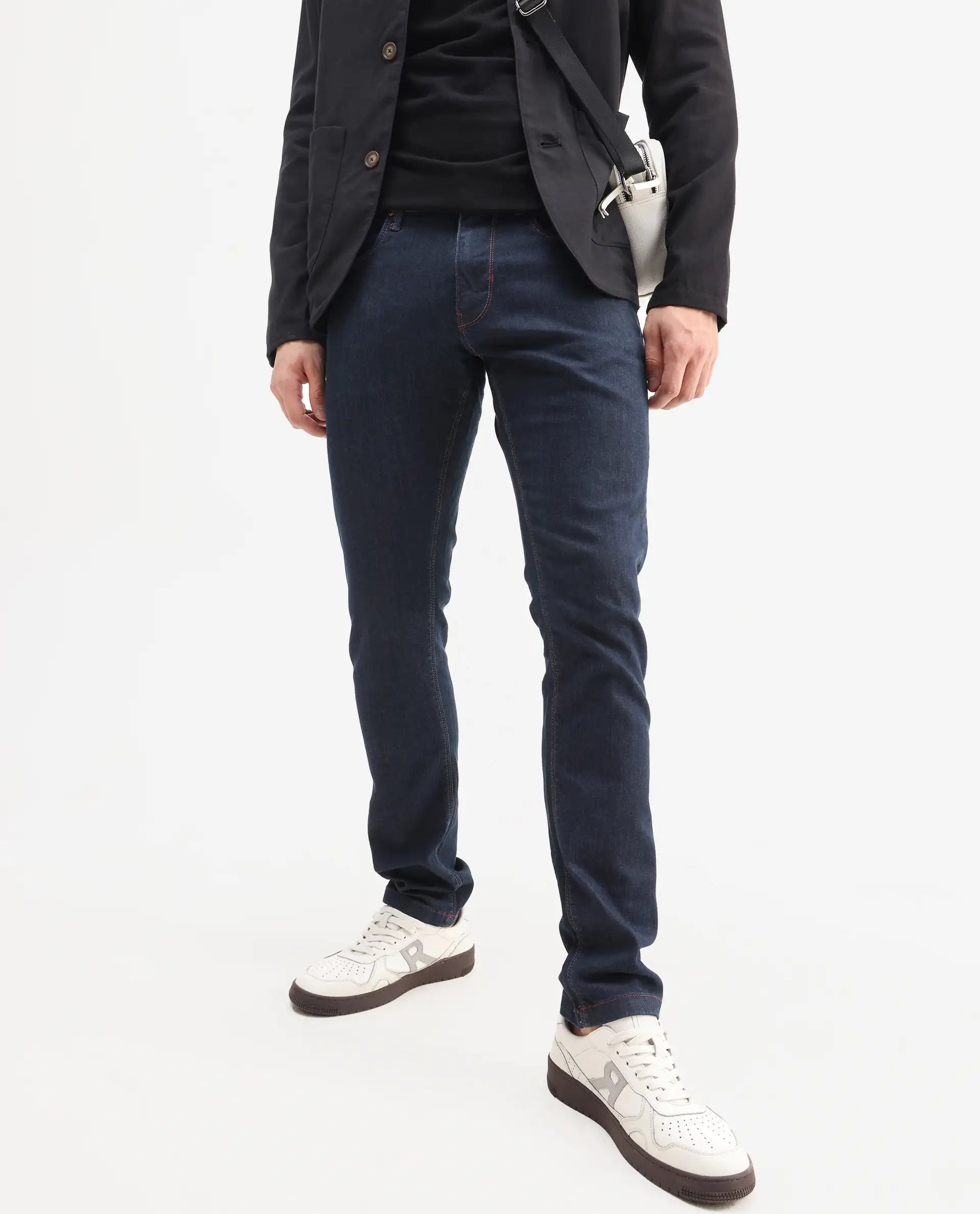 Rare Rabbit Men's Dratt Navy Cotton Plain Hawk Slim Fit Jeans