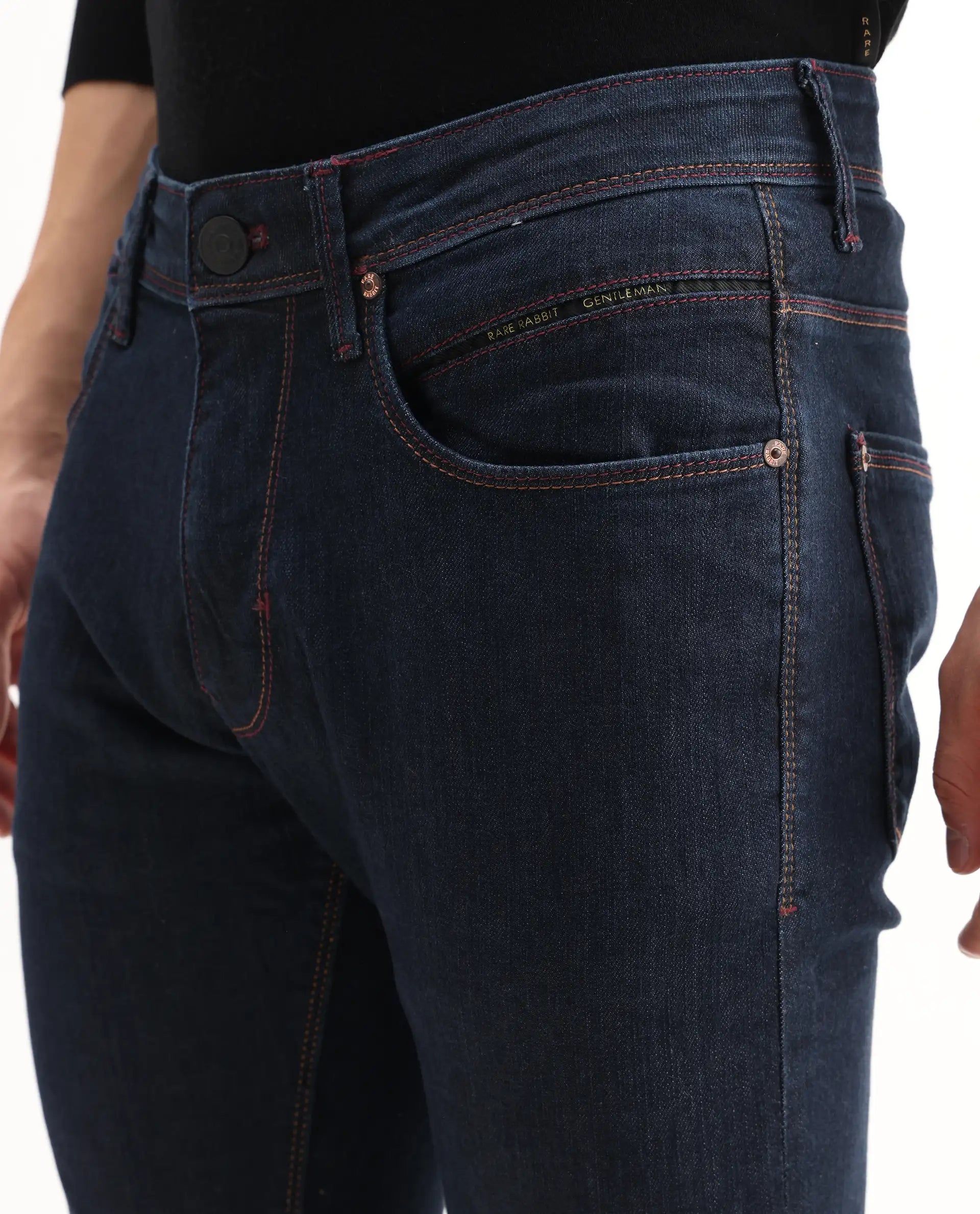 Rare Rabbit Men's Dratt Navy Cotton Plain Hawk Slim Fit Jeans