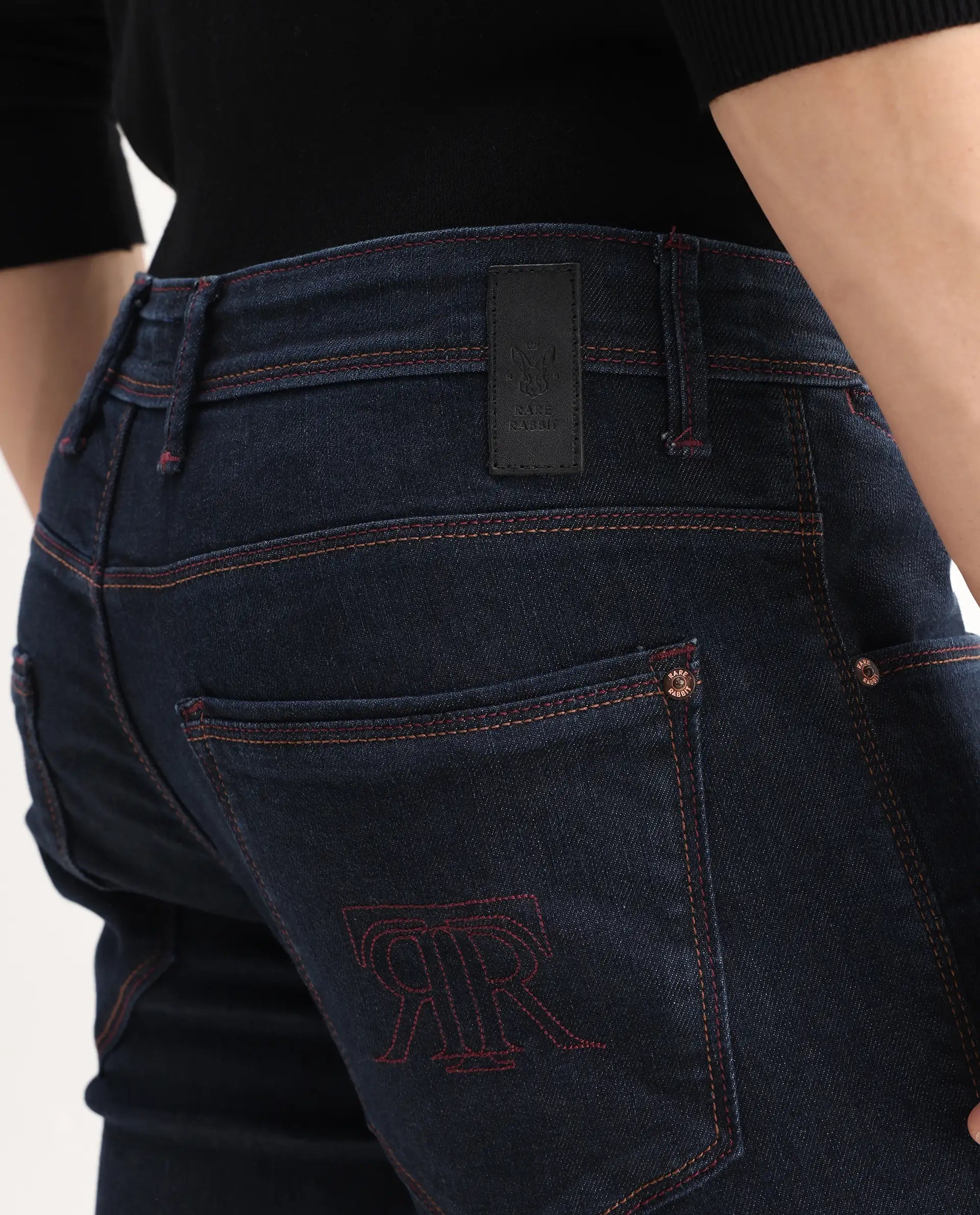 Rare Rabbit Men's Dratt Navy Cotton Plain Hawk Slim Fit Jeans