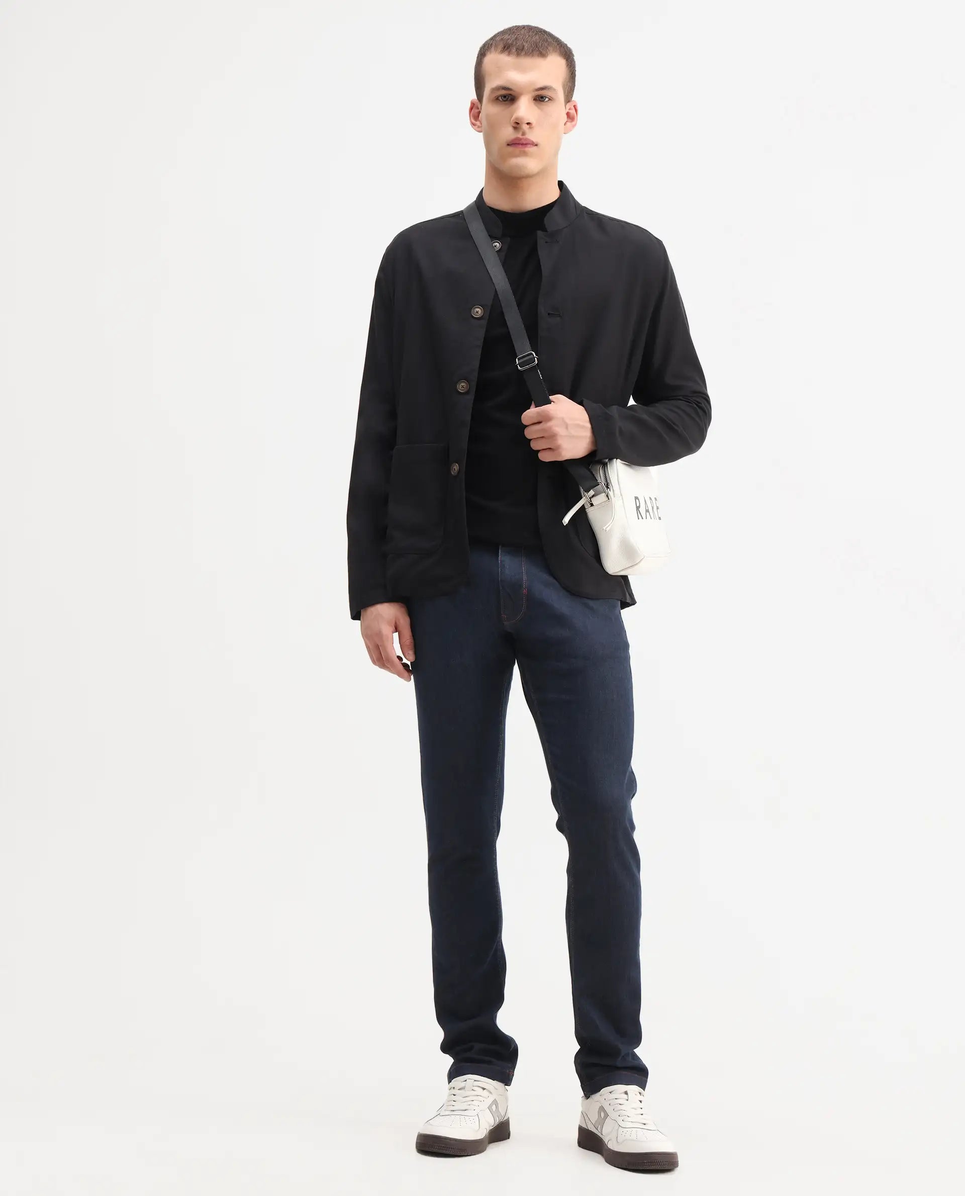 Rare Rabbit Men's Dratt Navy Cotton Plain Hawk Slim Fit Jeans