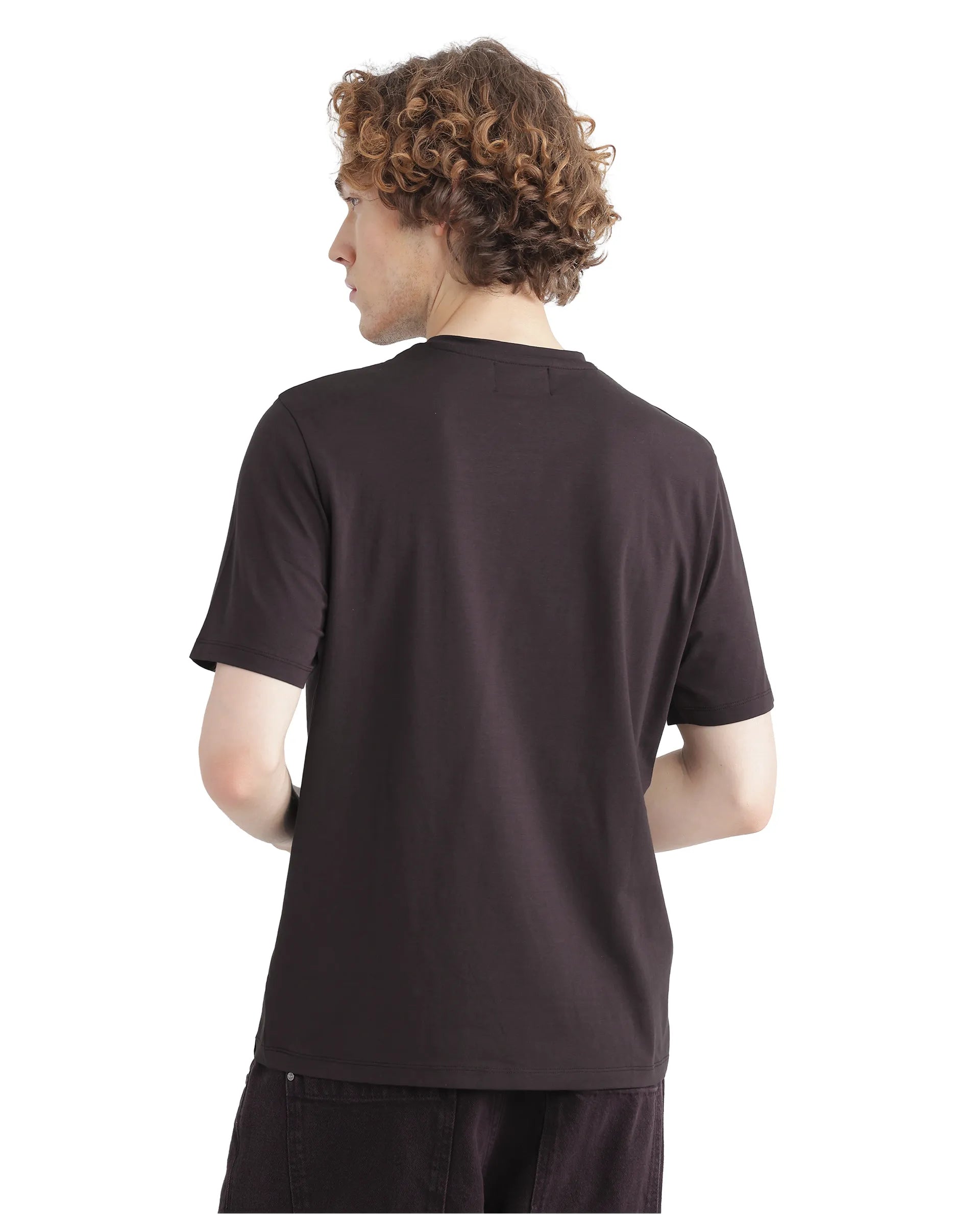 Rare Rabbit Men Drax Dark Brown Cotton Blend Fabric Short Sleeve Crew Neck Placement Typography Print T-Shirt