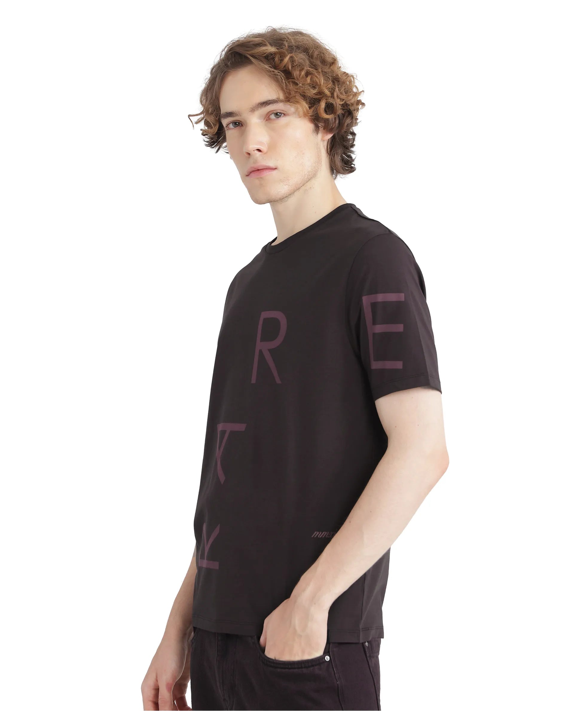 Rare Rabbit Men Drax Dark Brown Cotton Blend Fabric Short Sleeve Crew Neck Placement Typography Print T-Shirt