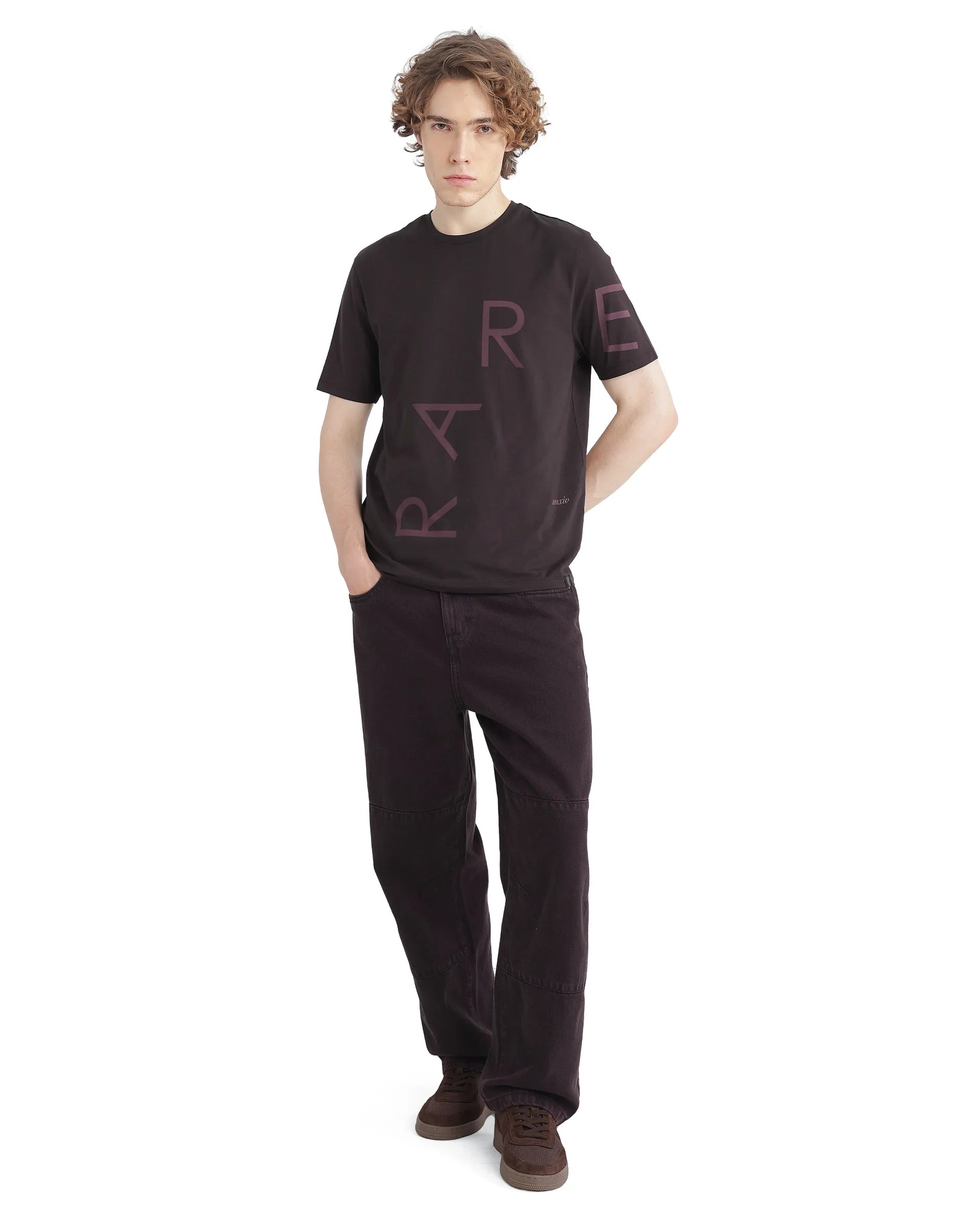 Rare Rabbit Men Drax Dark Brown Cotton Blend Fabric Short Sleeve Crew Neck Placement Typography Print T-Shirt