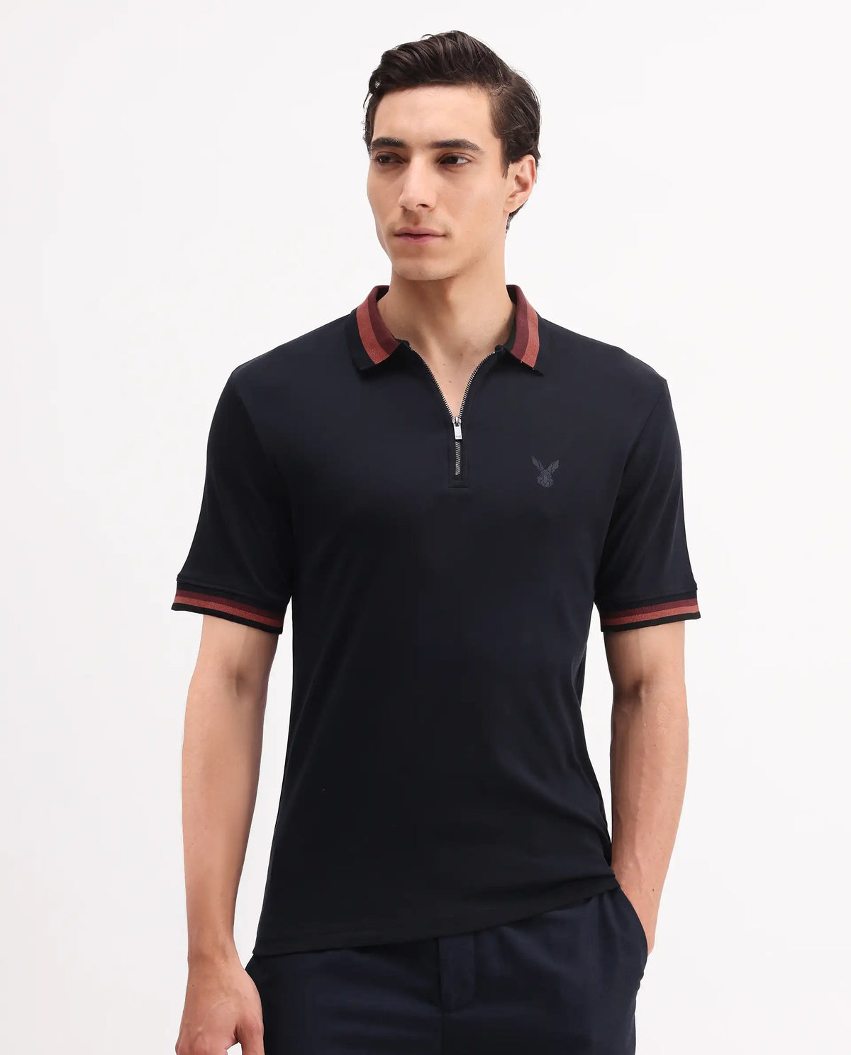 Rare Rabbit Men's Drax Navy Cotton Plain Regular Fit Half Sleeve Polo