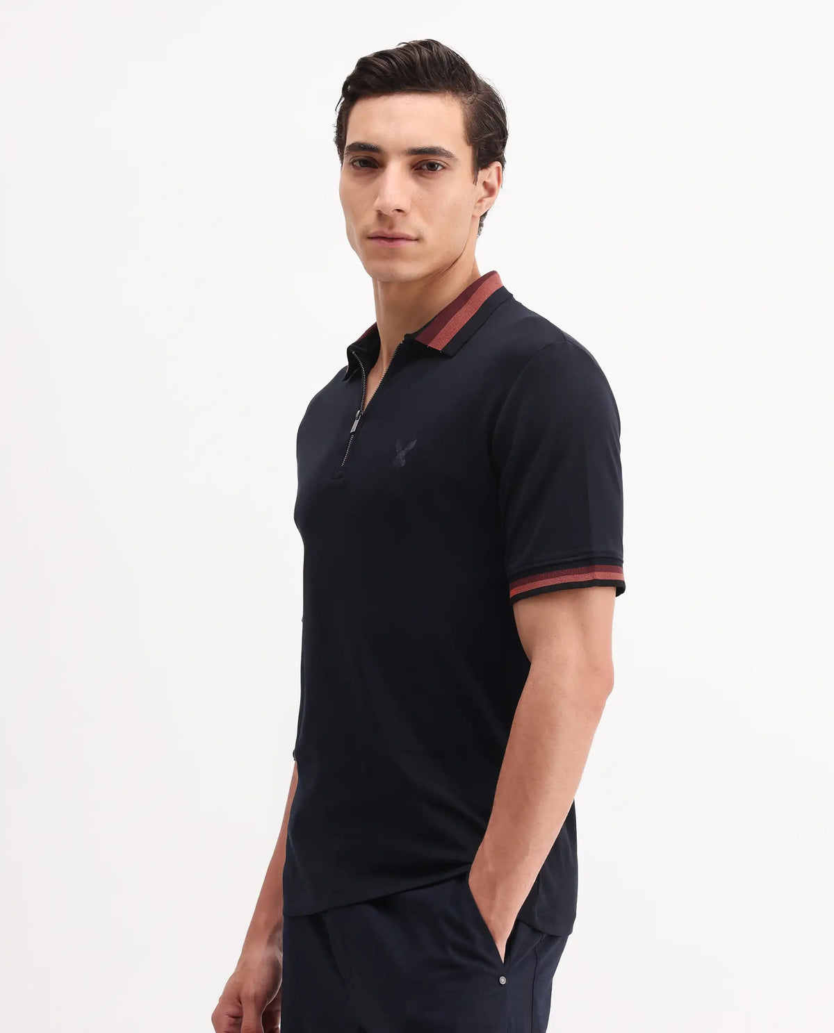 Rare Rabbit Men's Drax Navy Cotton Plain Regular Fit Half Sleeve Polo