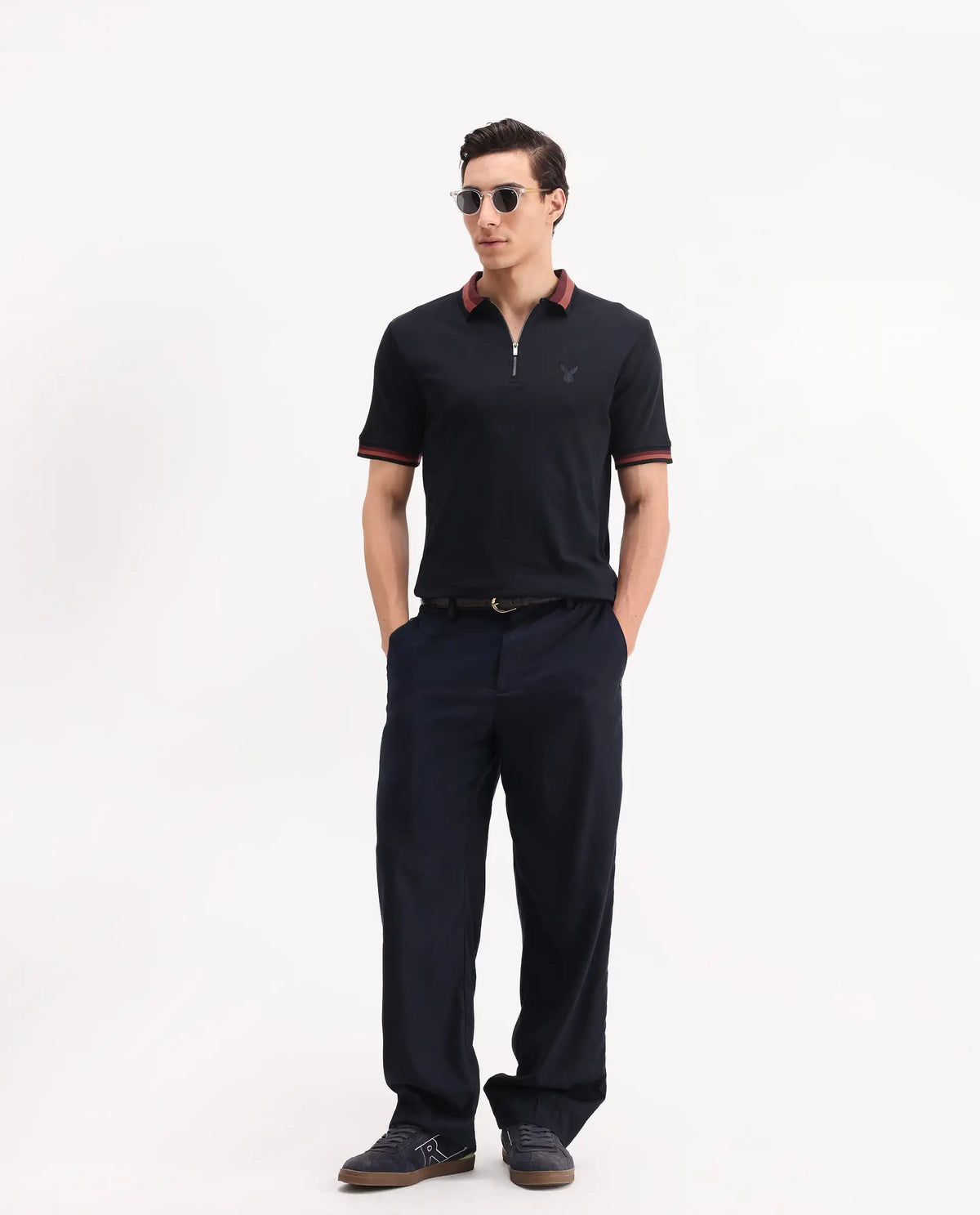 Rare Rabbit Men's Drax Navy Cotton Plain Regular Fit Half Sleeve Polo