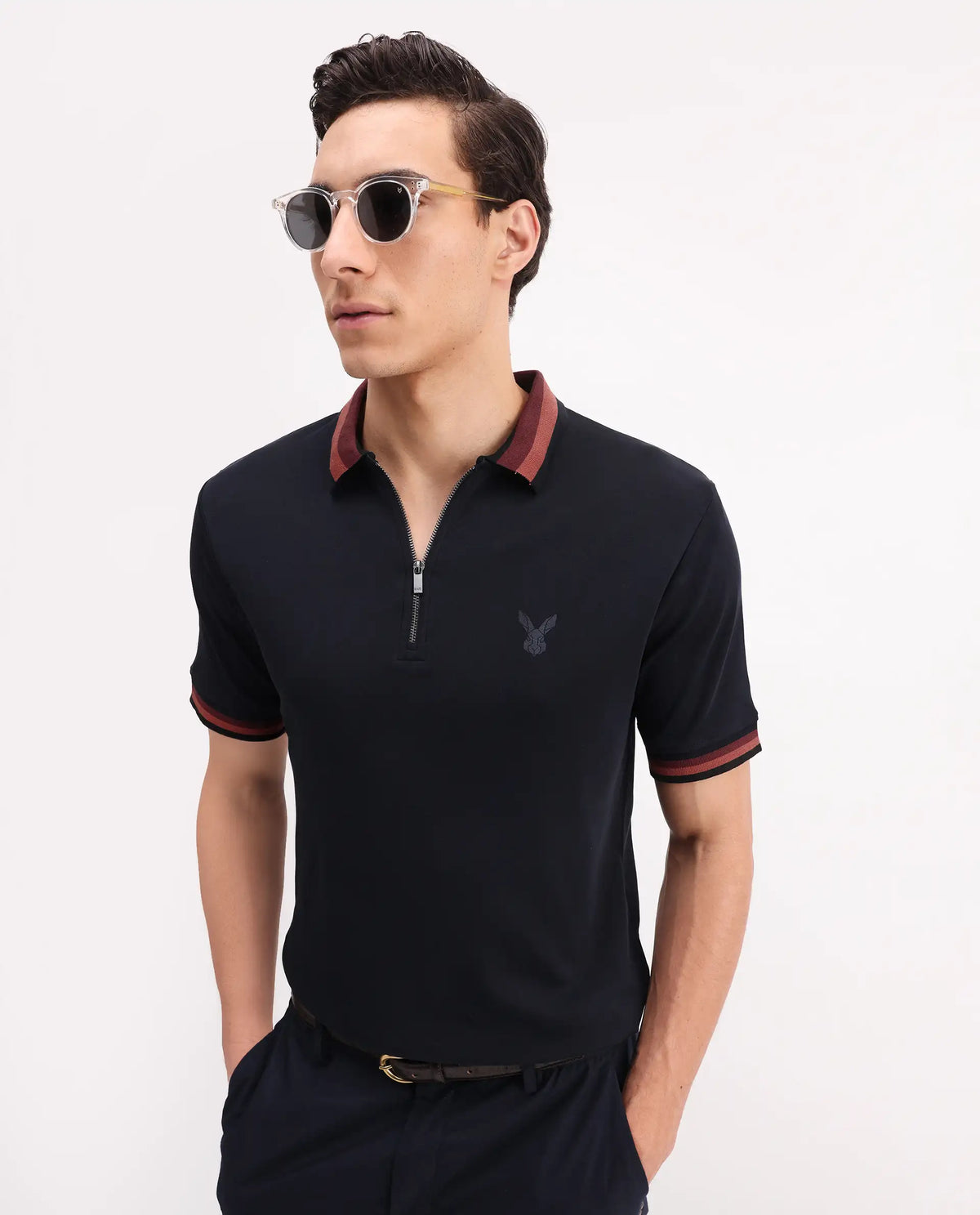 Rare Rabbit Men's Drax Navy Cotton Plain Regular Fit Half Sleeve Polo