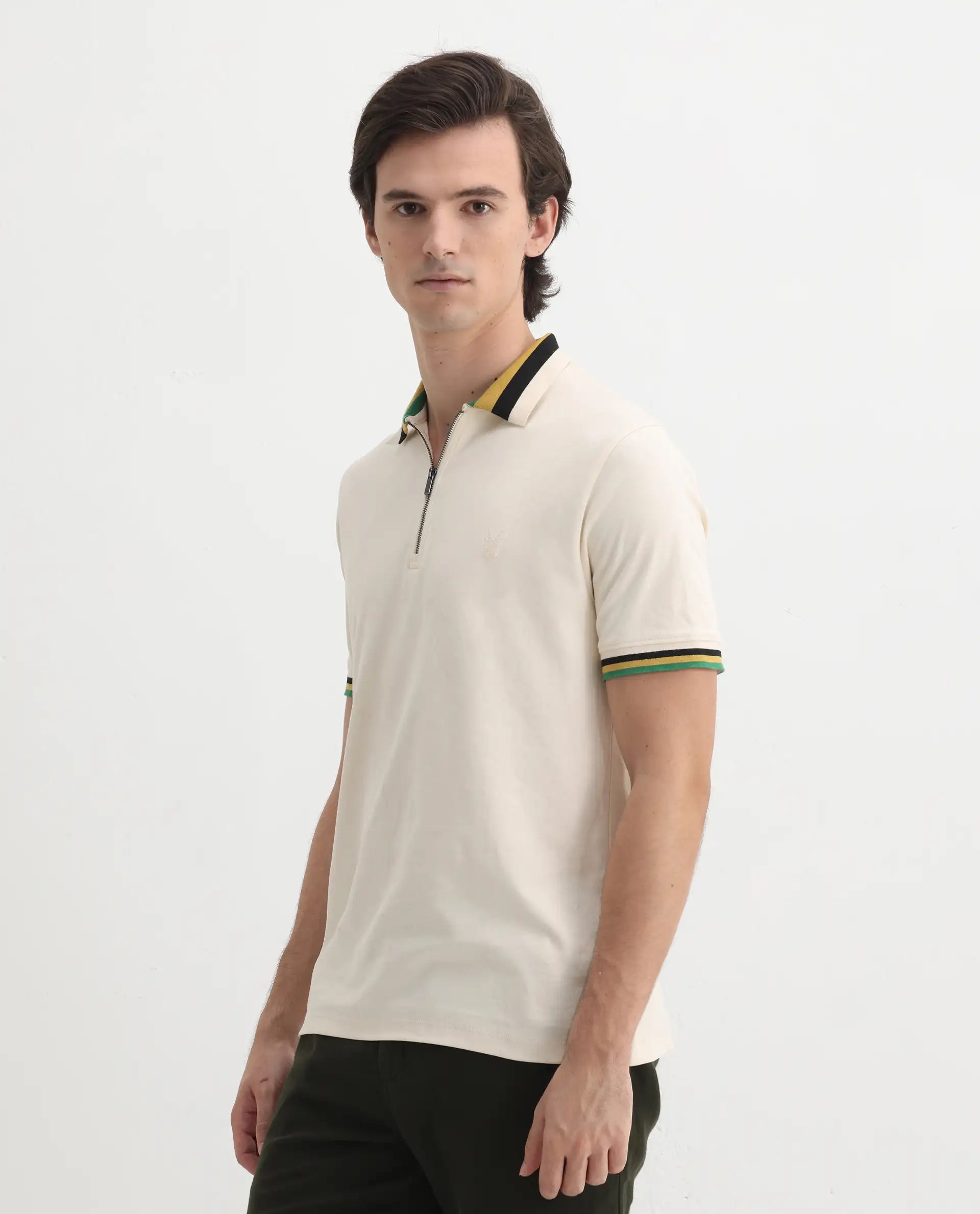 Rare Rabbit Men's Drax Off White Cotton Plain Regular Fit Half Sleeve Polo