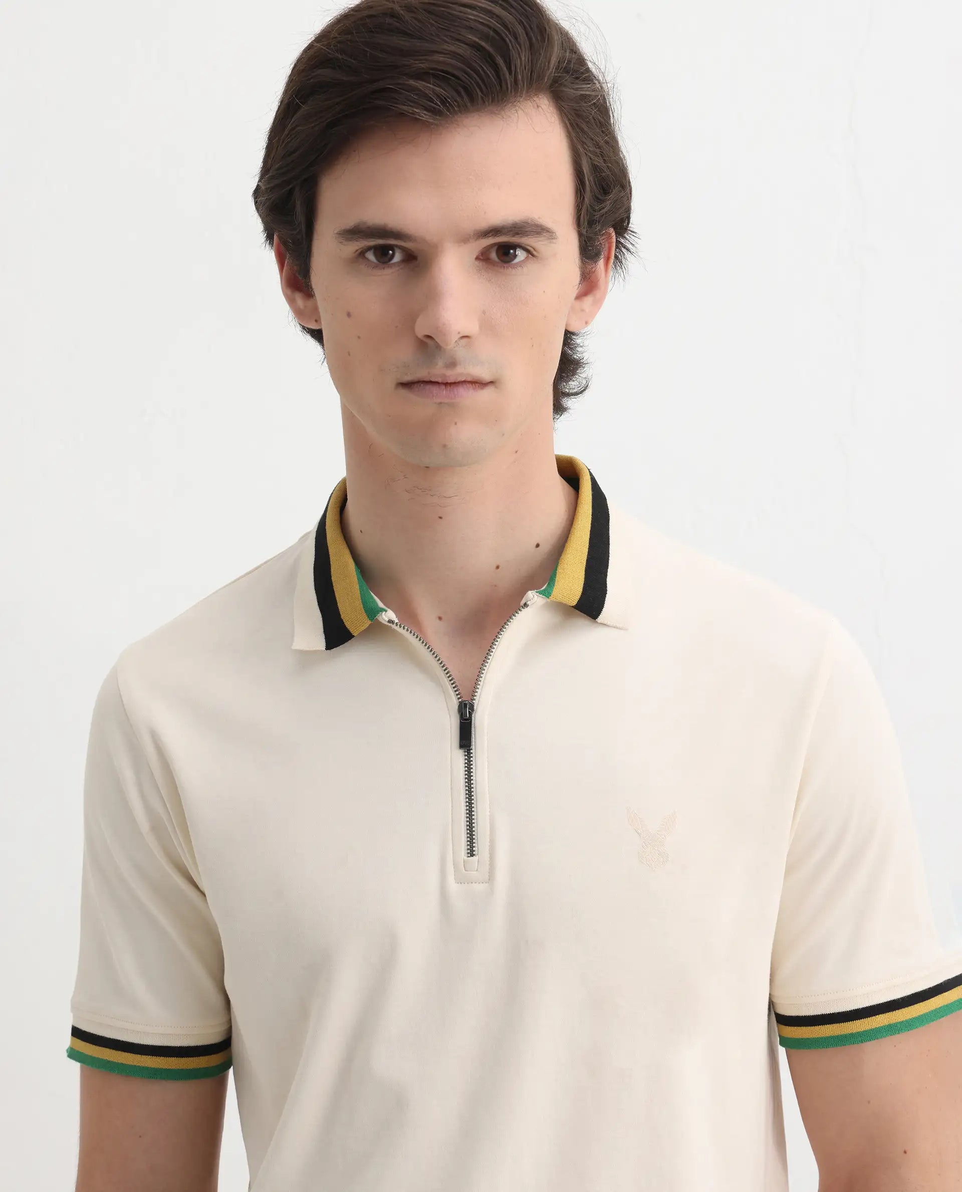 Rare Rabbit Men's Drax Off White Cotton Plain Regular Fit Half Sleeve Polo