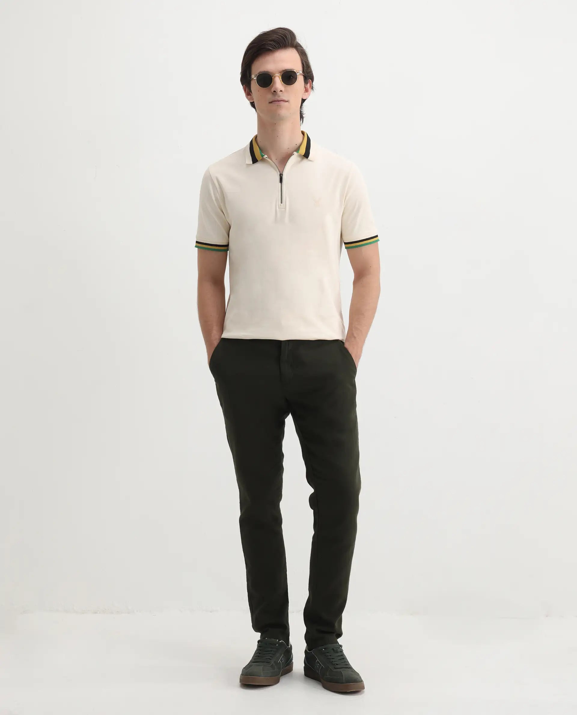 Rare Rabbit Men's Drax Off White Cotton Plain Regular Fit Half Sleeve Polo