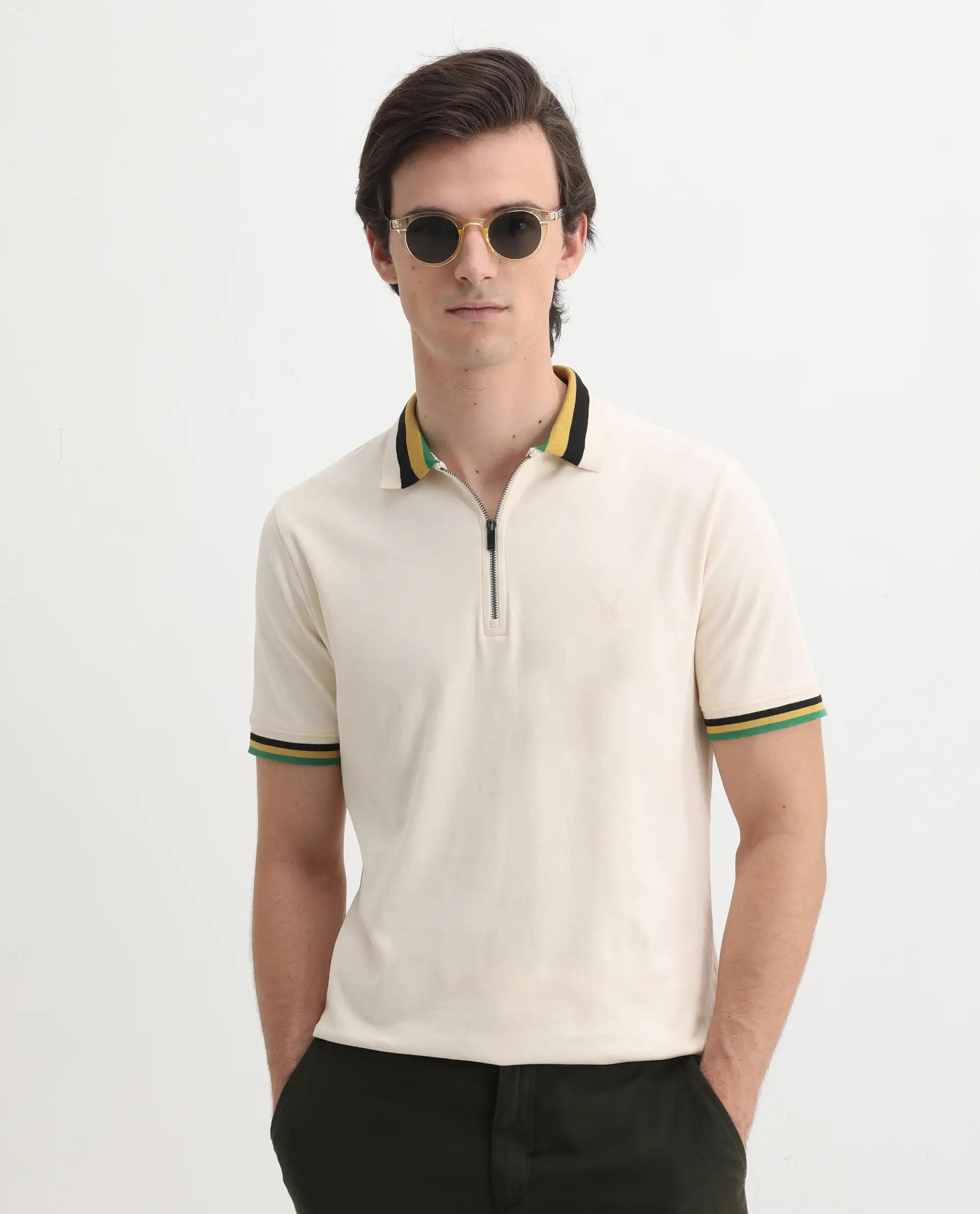 Rare Rabbit Men's Drax Off White Cotton Plain Regular Fit Half Sleeve Polo