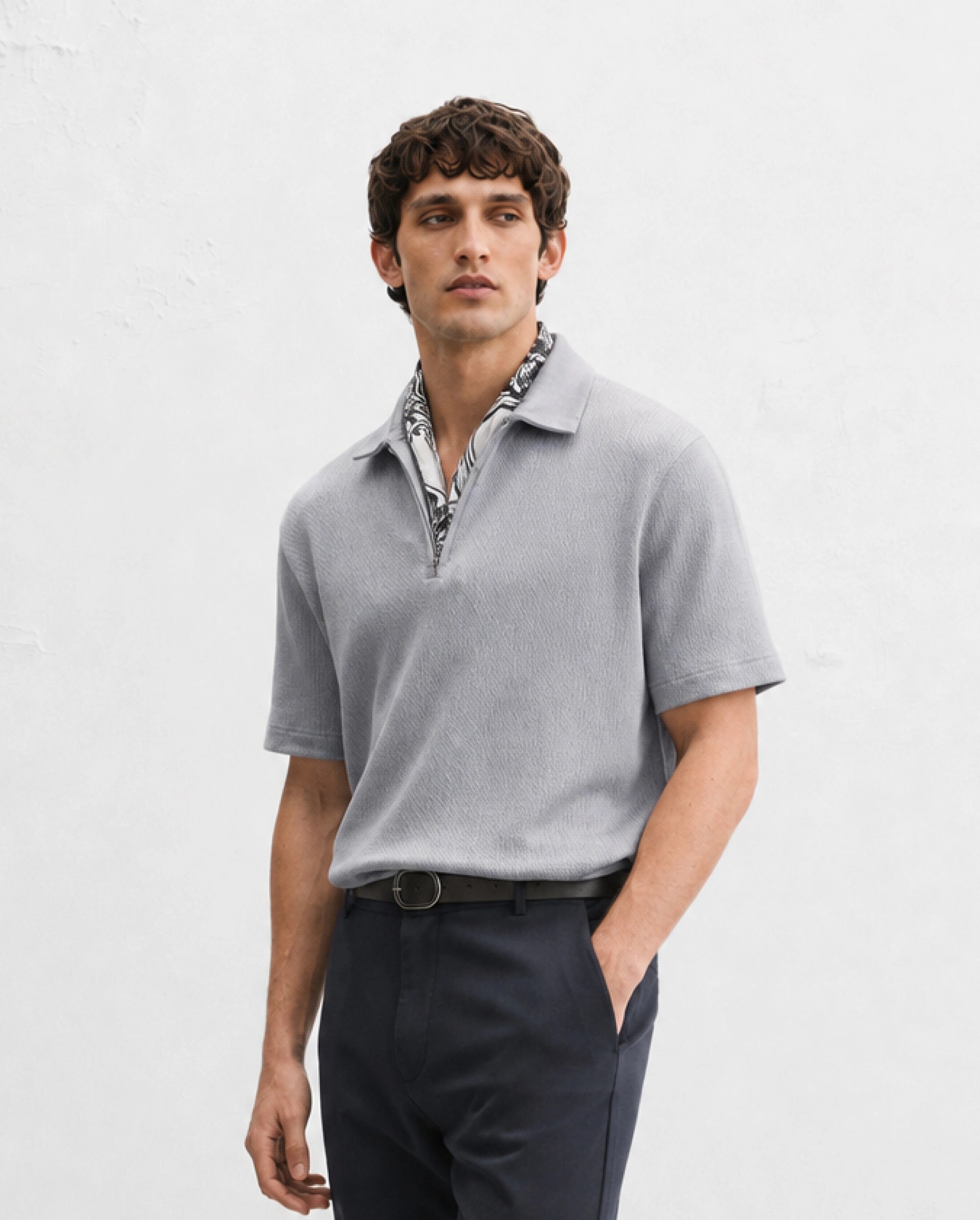 Rare Rabbit Men's Dreak Light Grey Cotton Blend Spread Collar Regular Jacquard Polo