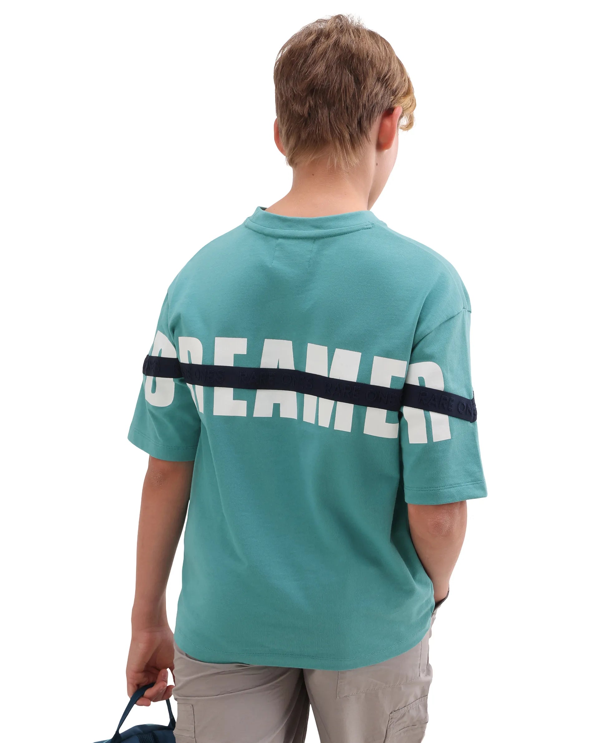 Rare Ones Kids Dream Teal Cotton Fabric Pull-On Closure Badge Applique Oversized Fit T-Shirt