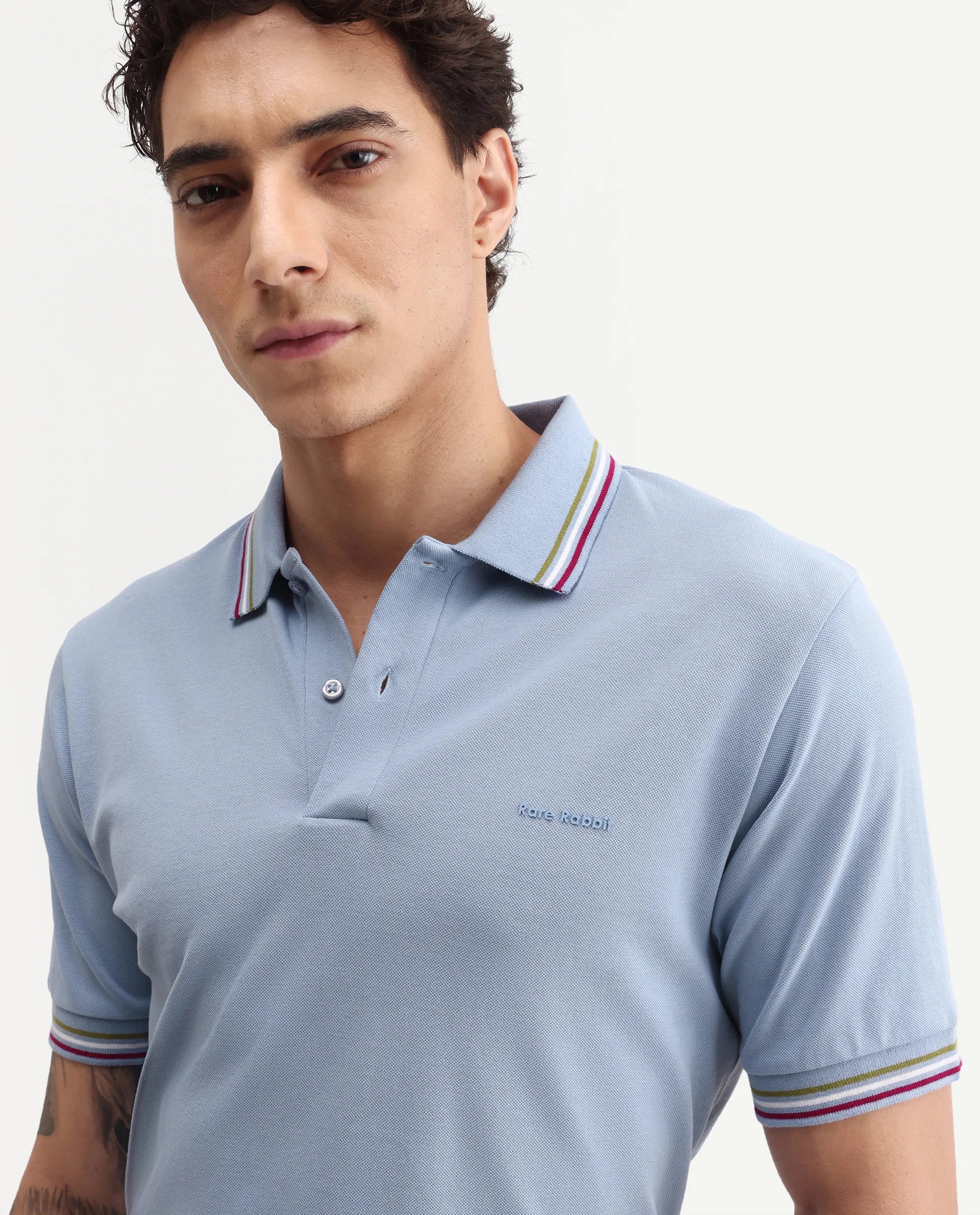 Rare Rabbit Men's Dren Dusky Blue Cotton Blend Spread Collar Regular Plain Polo