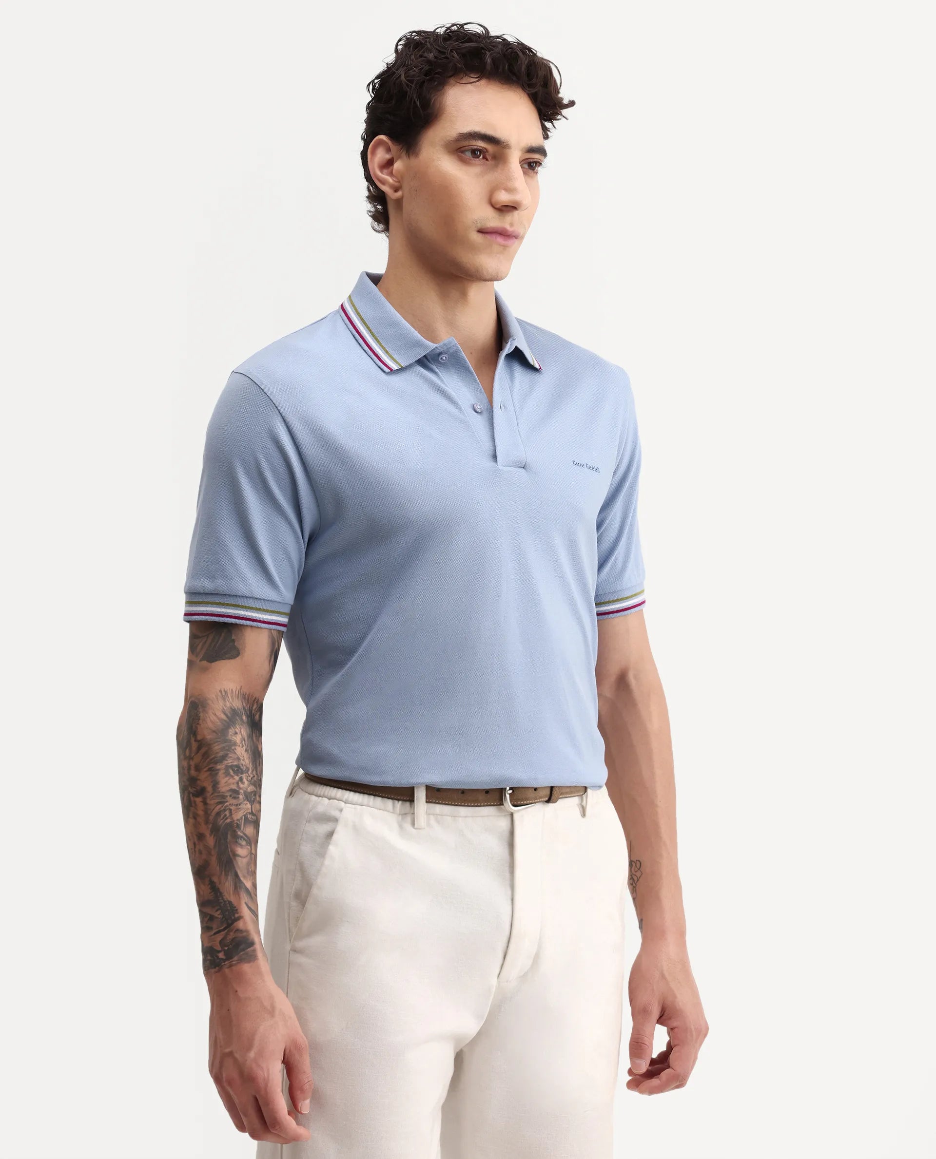 Rare Rabbit Men's Dren Dusky Blue Cotton Blend Spread Collar Regular Plain Polo