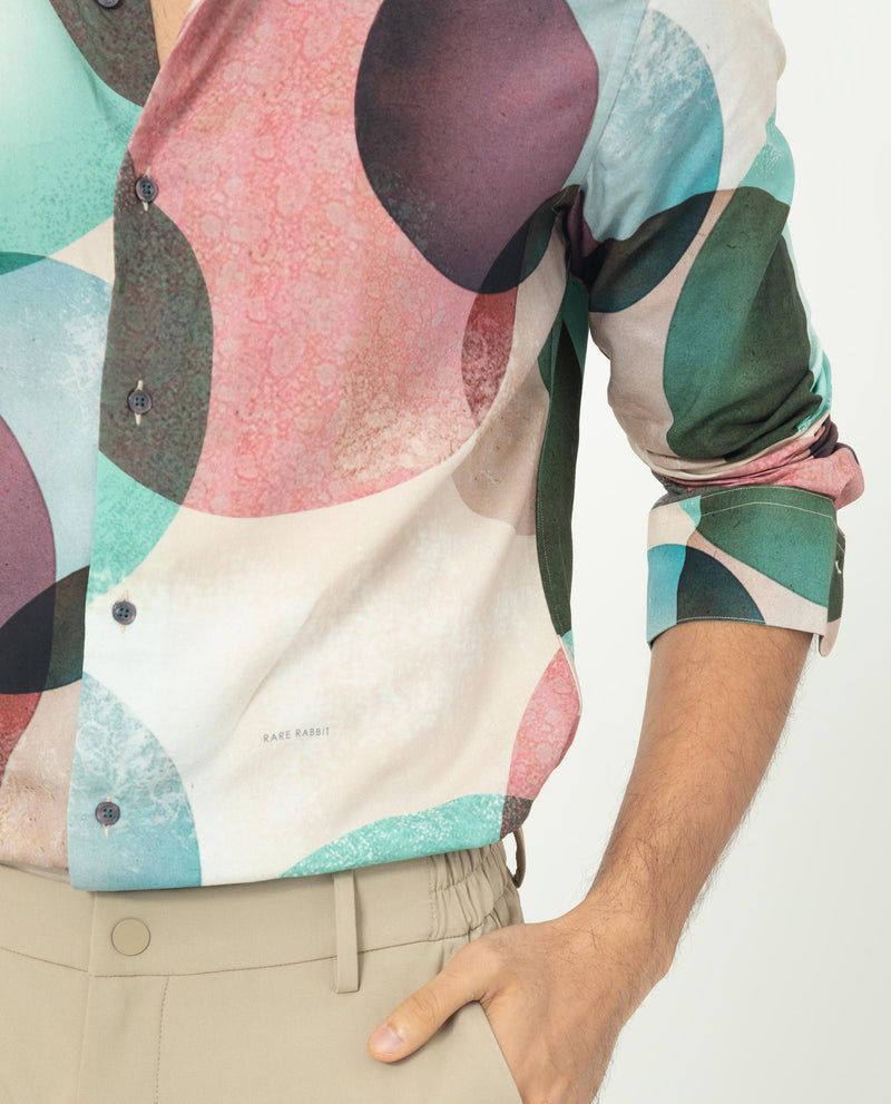 Rare Rabbit Men's Drent Multi Viscose Fabric Overlapped Polka Print Full Sleeves Shirt
