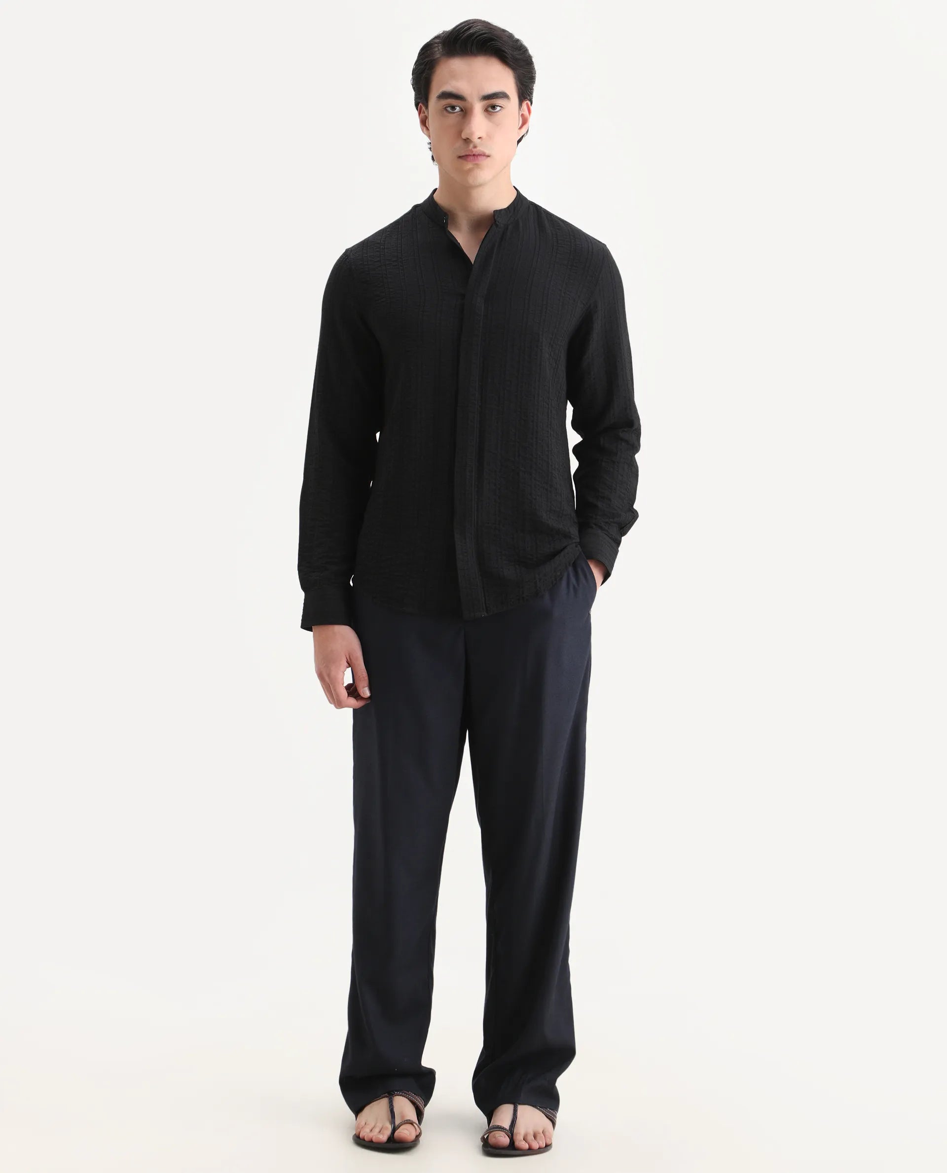 Rare Rabbit Men's Drep-G Black Viscose Blend Fabric Full Sleeve Regular Fit Striped Shirt