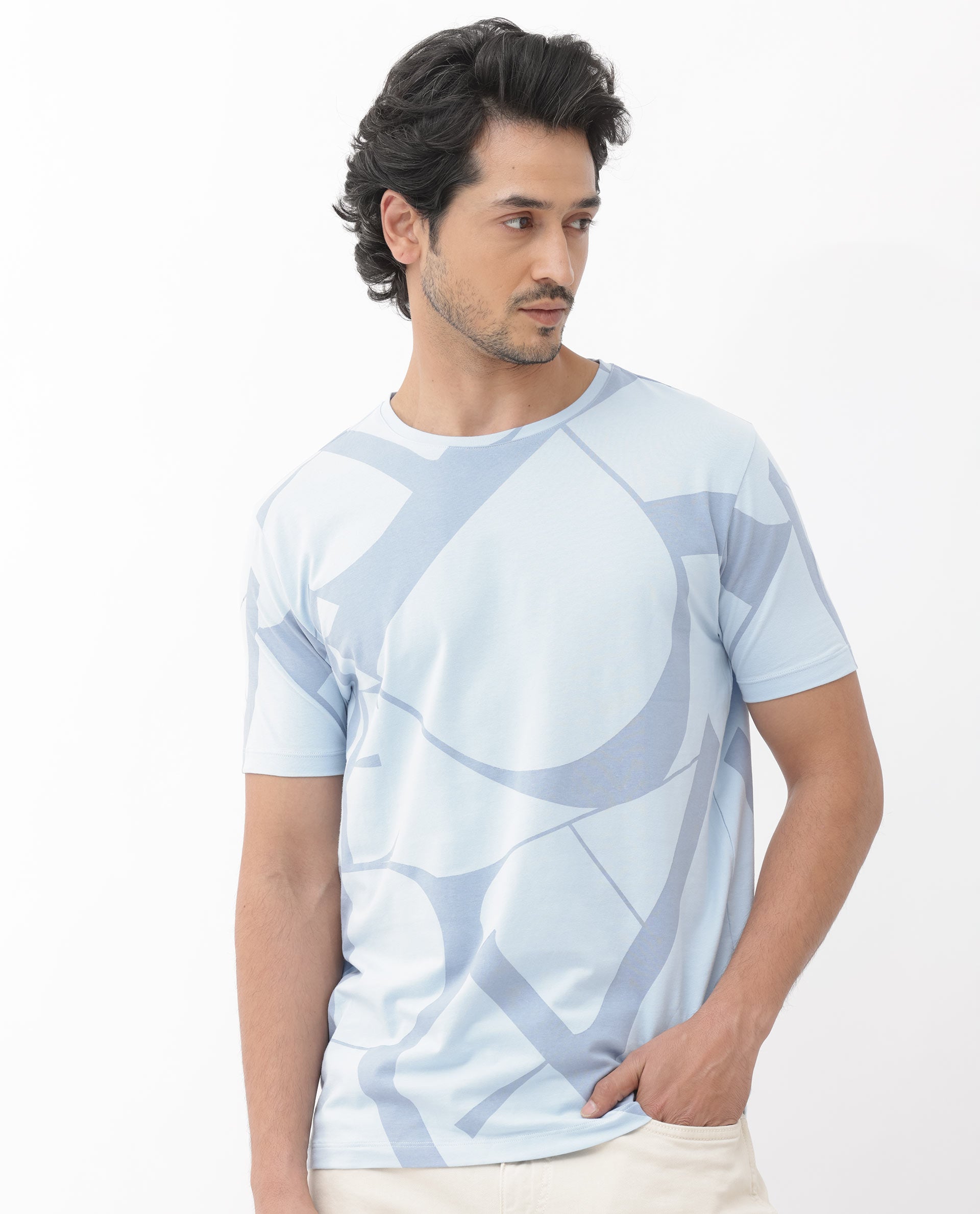 Rare Rabbit Articale Mens Drew Light Blue Cotton Lycra Fabric Short Sleeve Crew Neck Slim Fit Printed T-Shirt