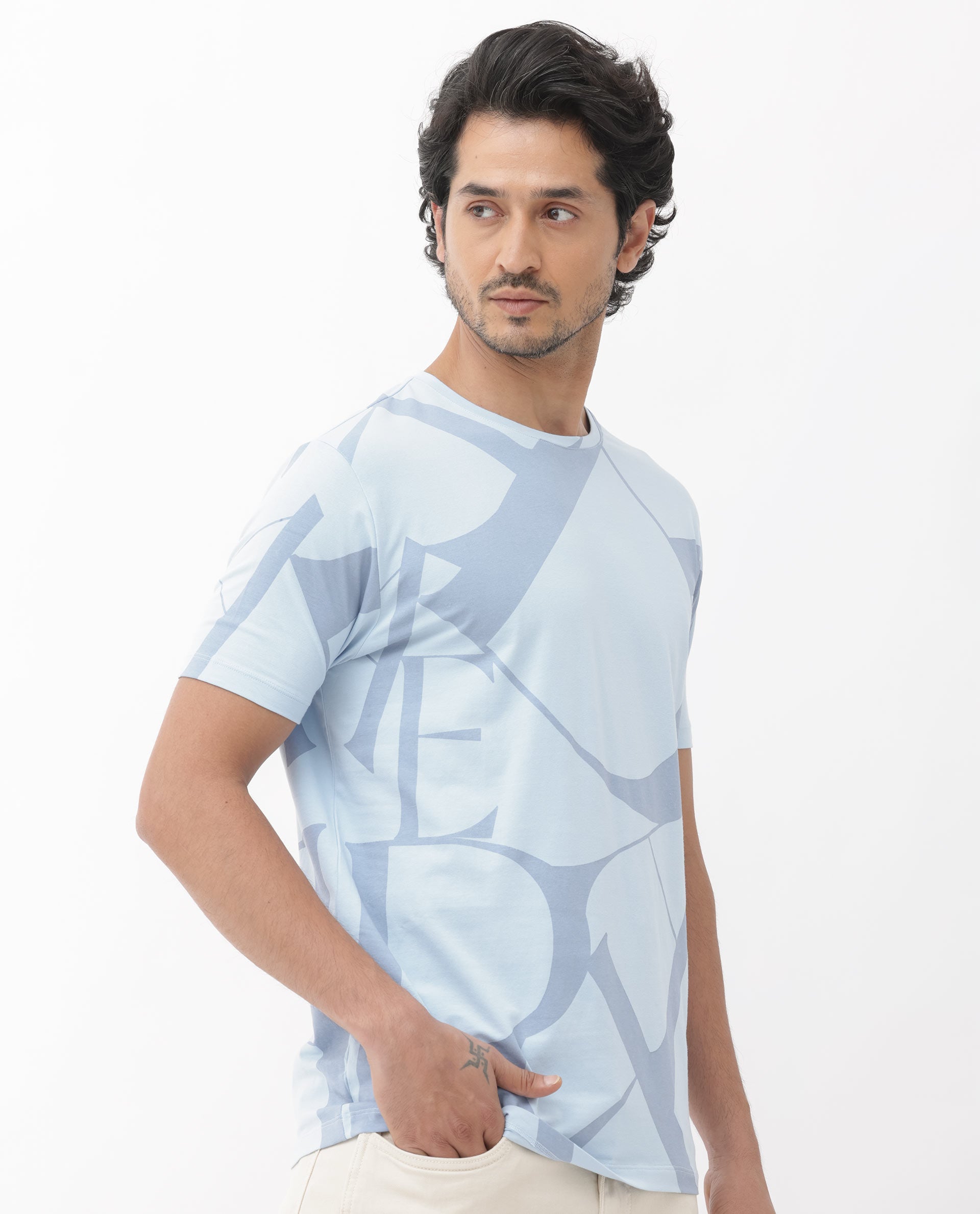 Rare Rabbit Articale Mens Drew Light Blue Cotton Lycra Fabric Short Sleeve Crew Neck Slim Fit Printed T-Shirt