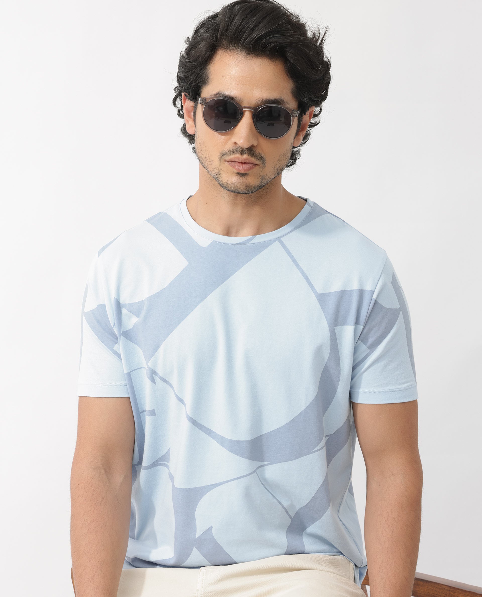Rare Rabbit Articale Mens Drew Light Blue Cotton Lycra Fabric Short Sleeve Crew Neck Slim Fit Printed T-Shirt
