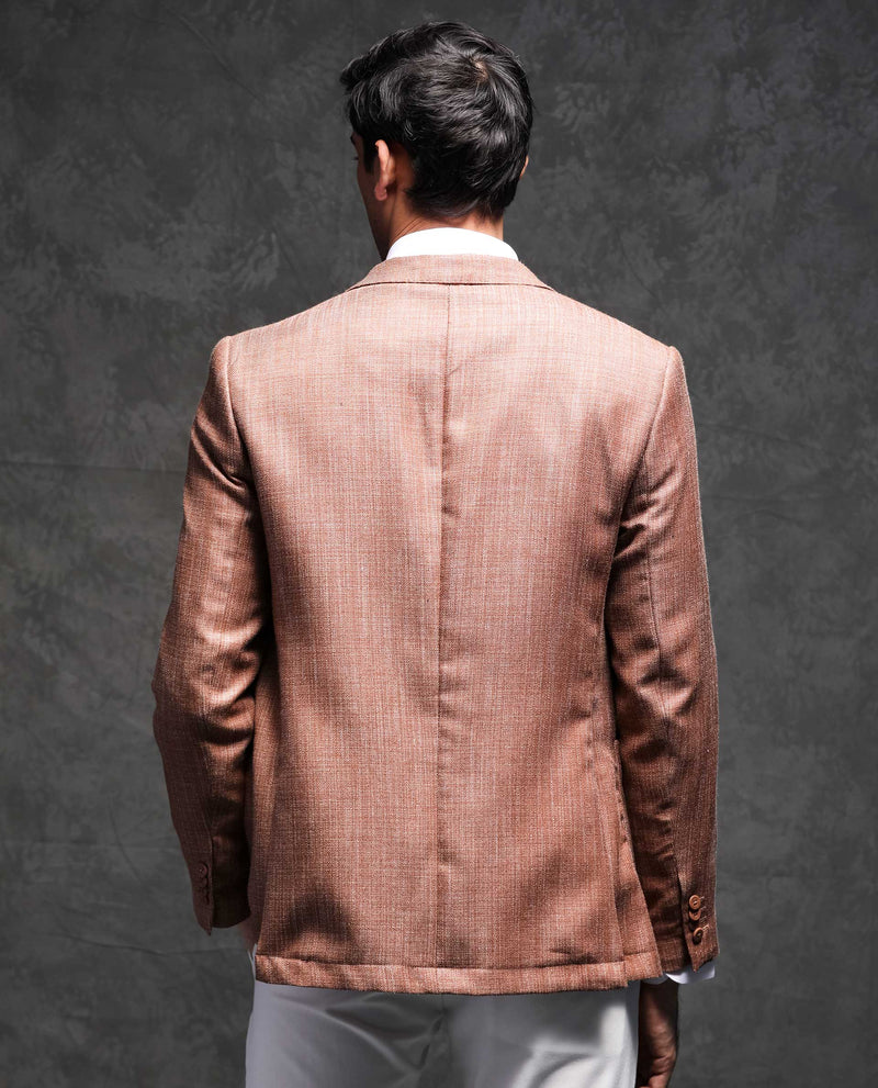 RARE RABBIT MENS DREW BROWN BLAZER POLYESTER VISCOSE FABRIC HALTER NECK WOVEN FULL SLEEVES BUTTON CLOSURE TAILORED FIT