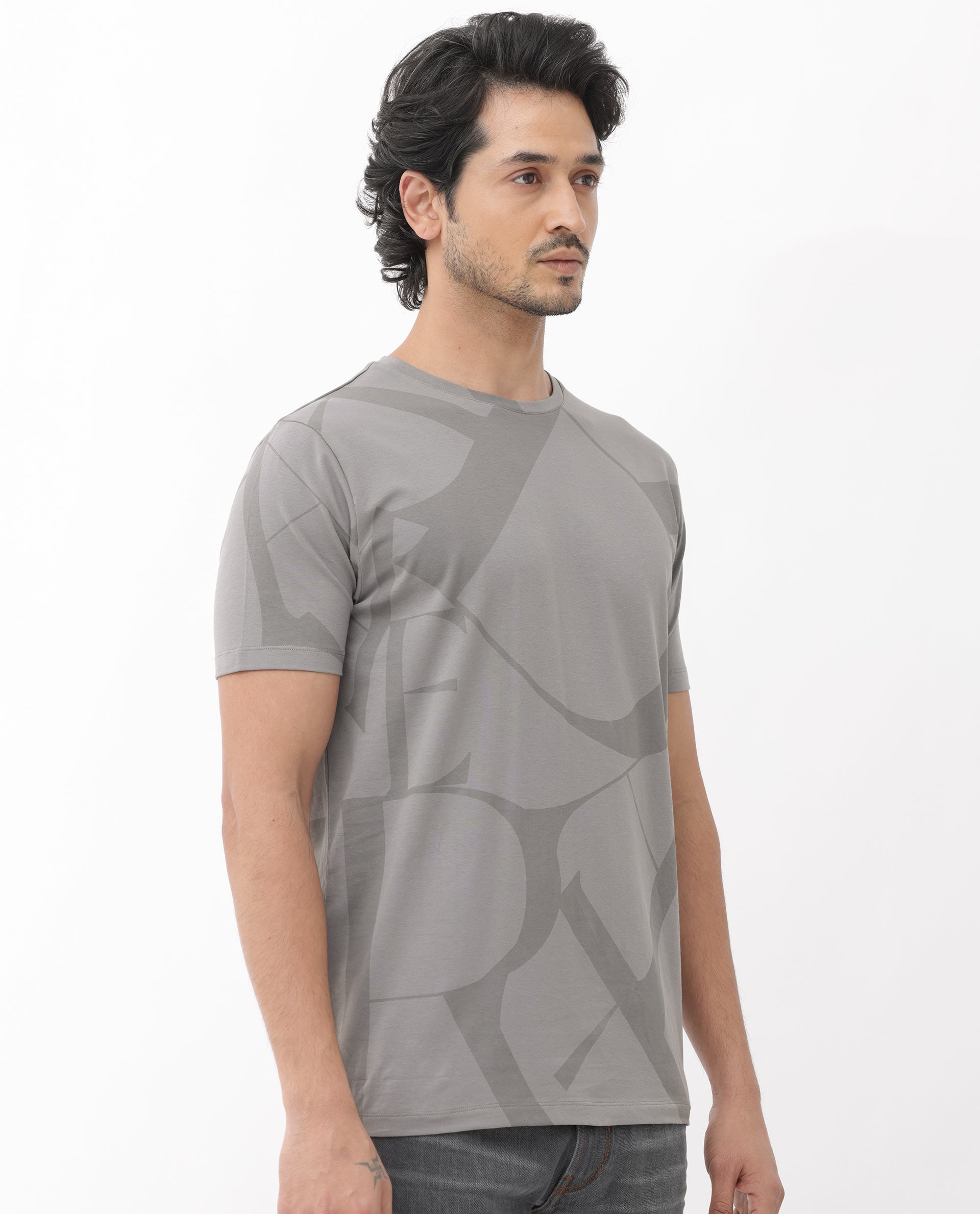 Rare Rabbit Articale Mens Drew Grey Cotton Lycra Fabric Short Sleeve Crew Neck Slim Fit Printed T-Shirt