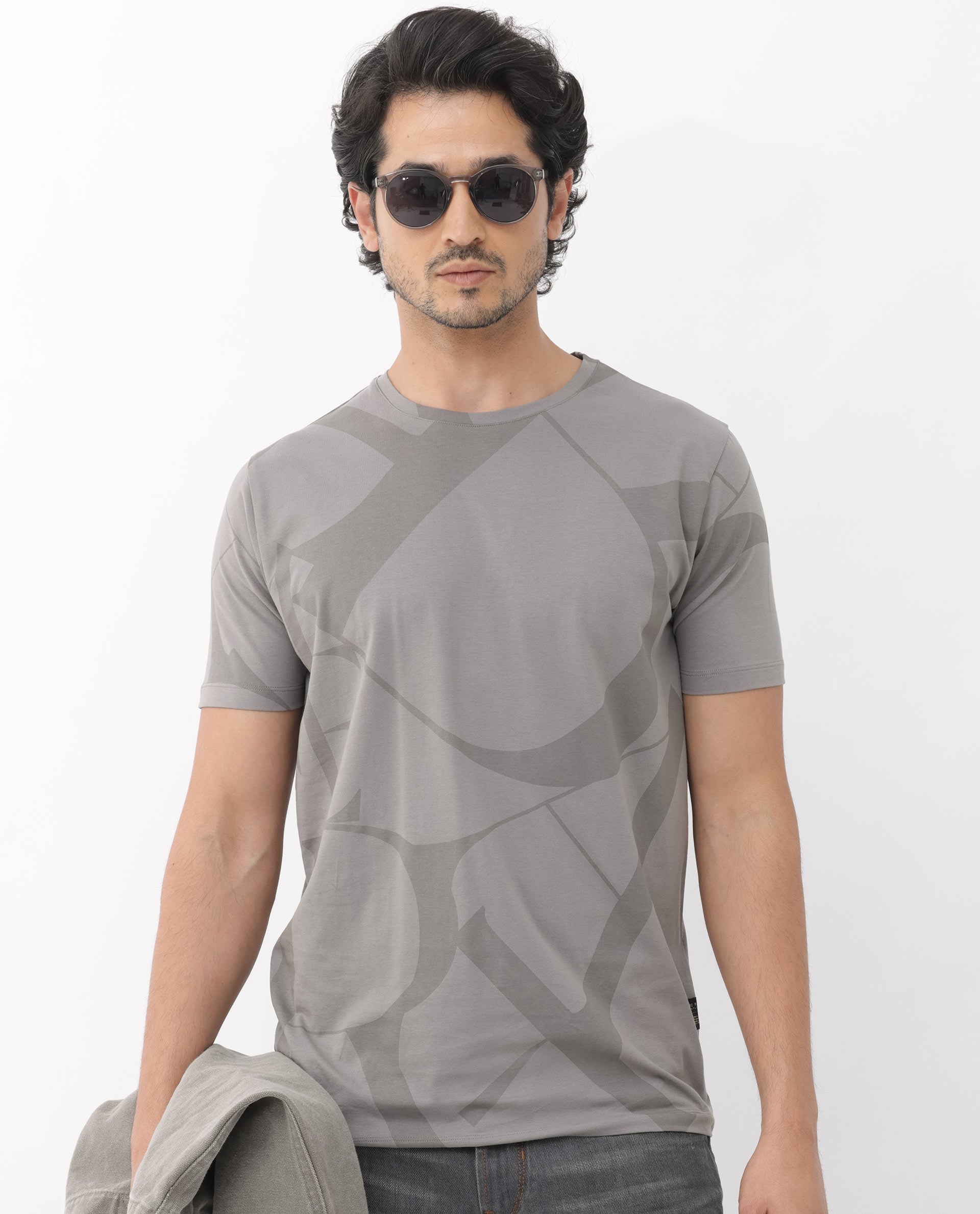Rare Rabbit Articale Mens Drew Grey Cotton Lycra Fabric Short Sleeve Crew Neck Slim Fit Printed T-Shirt