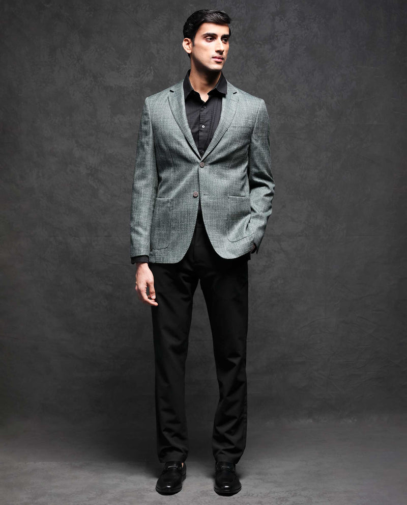 RARE RABBIT MENS DREW OLIVE BLAZER POLYESTER VISCOSE FABRIC HALTER NECK WOVEN FULL SLEEVES BUTTON CLOSURE TAILORED FIT