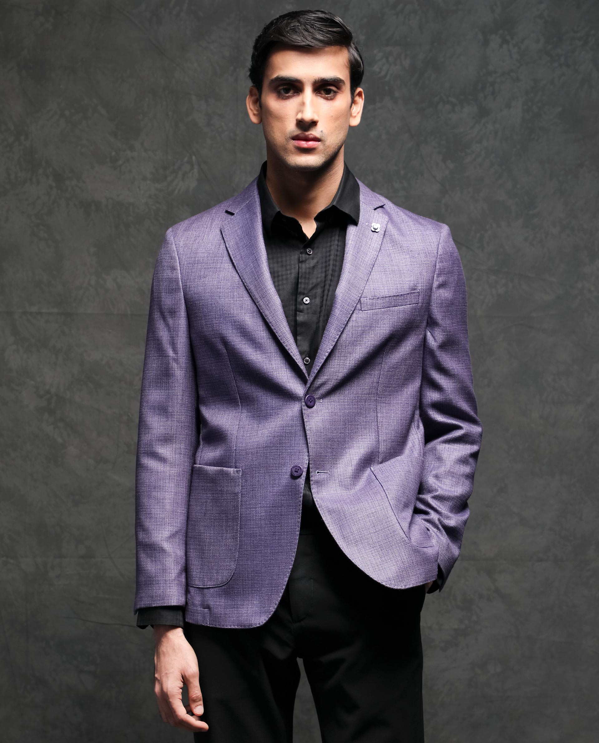 Rare Rabbit Men's Drew Purple Polyester Plain Tailored Fit Full Sleeve Lapel Neck Blazer