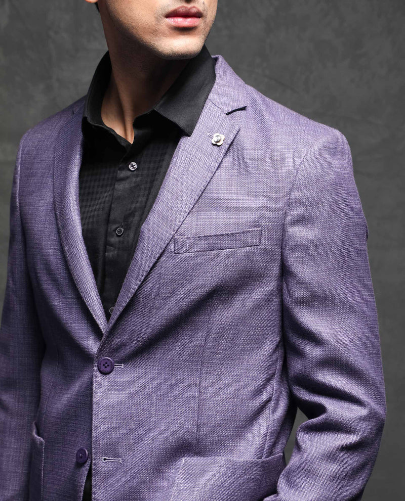 Rare Rabbit Men's Drew Purple Polyester Viscose Fabric Notch Lapel Single Breasted Tailored Fit Textured Blazer