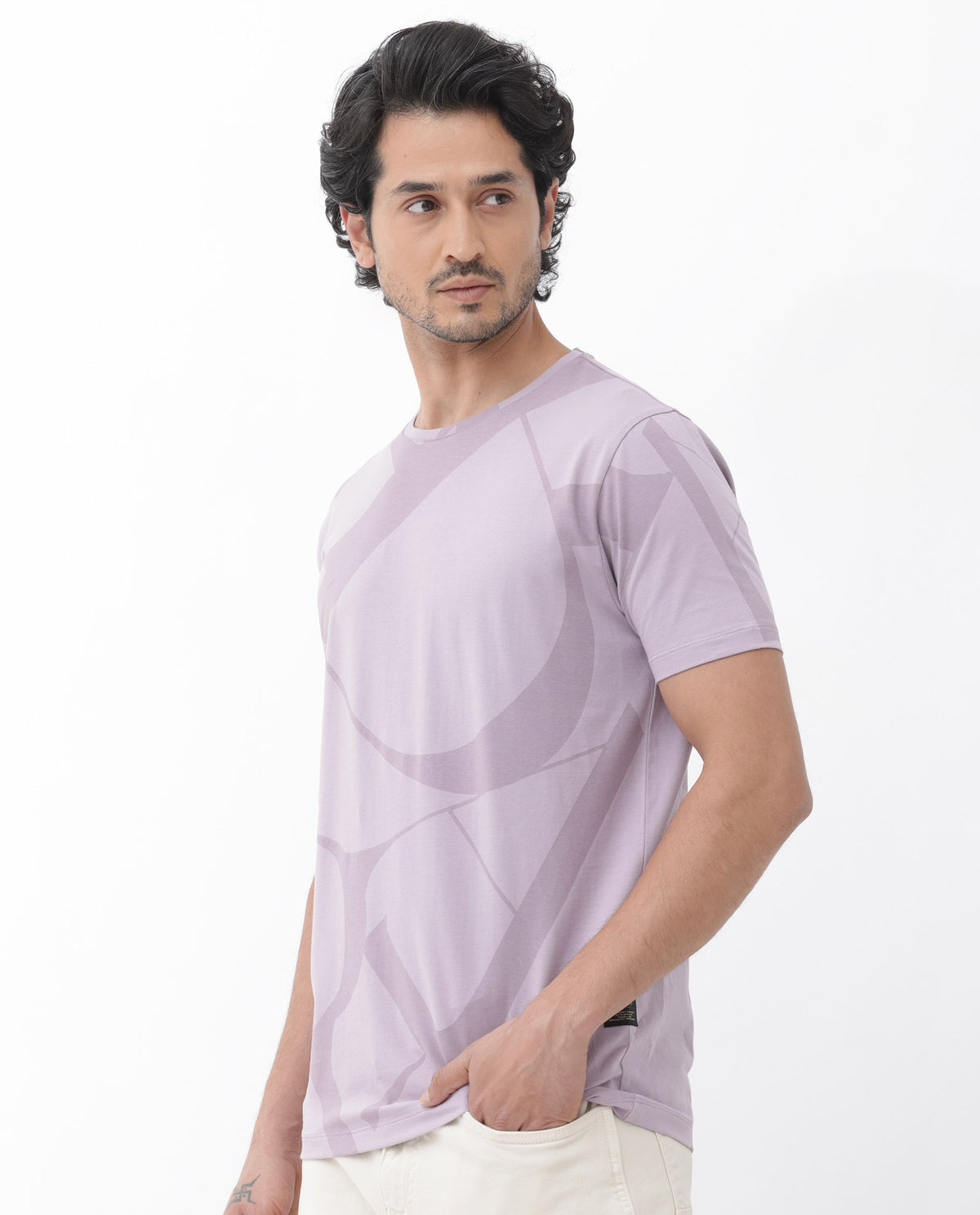 Rare Rabbit Articale Mens Drew Light Purple Cotton Lycra Fabric Short Sleeve Crew Neck Slim Fit Printed T-Shirt
