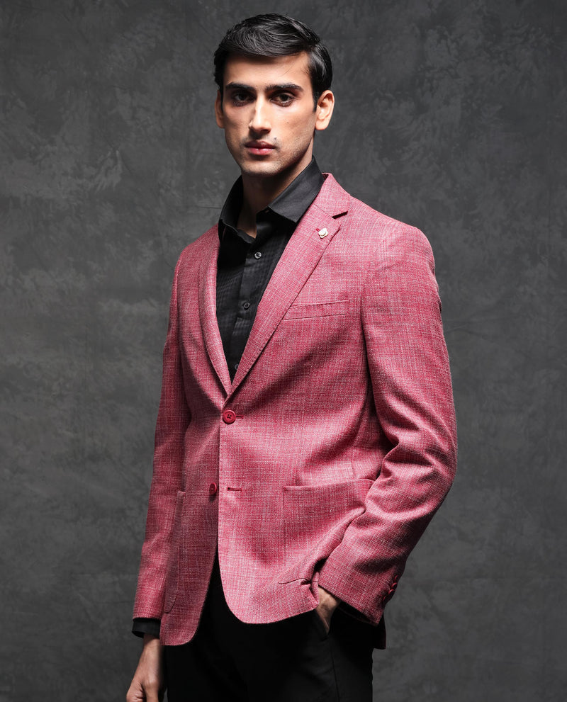 Rare Rabbit Men's Drew Red Polyester Viscose Fabric Notch Lapel Single Breasted Tailored Fit Textured Blazer