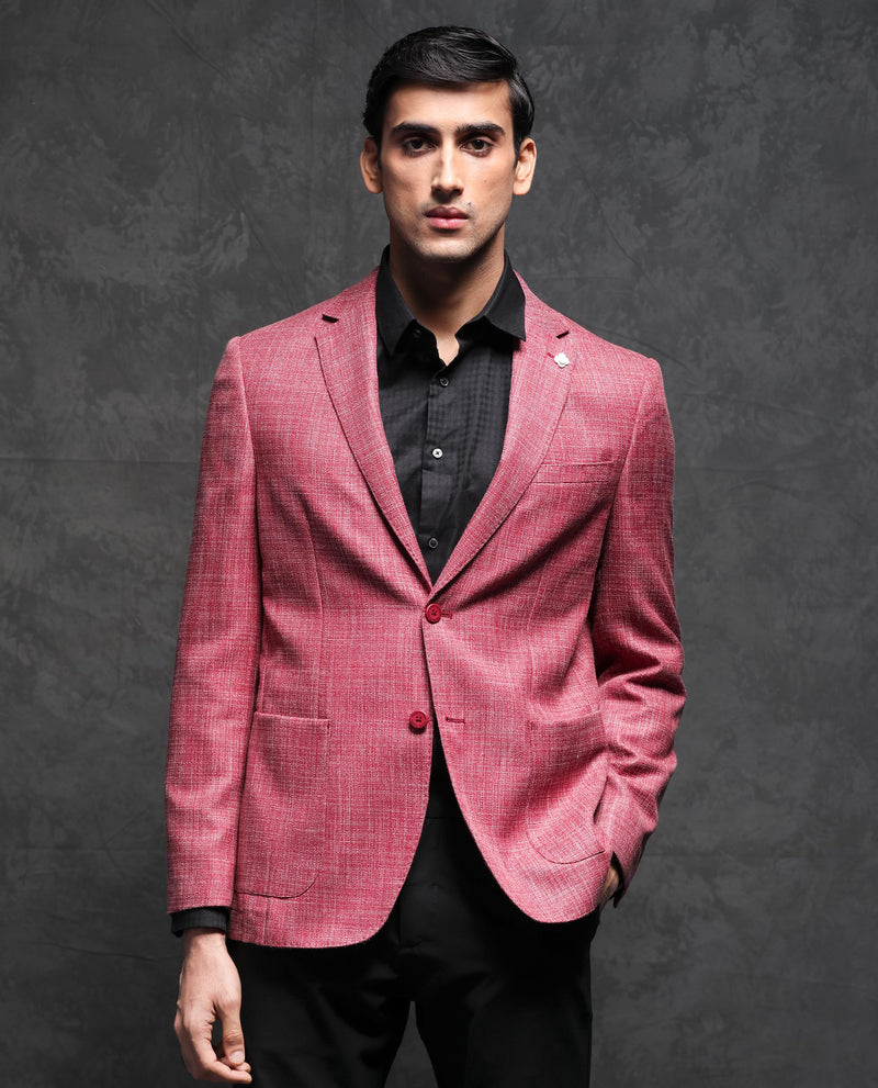 RARE RABBIT MENS DREW RED BLAZER POLYESTER VISCOSE FABRIC HALTER NECK WOVEN FULL SLEEVES BUTTON CLOSURE TAILORED FIT