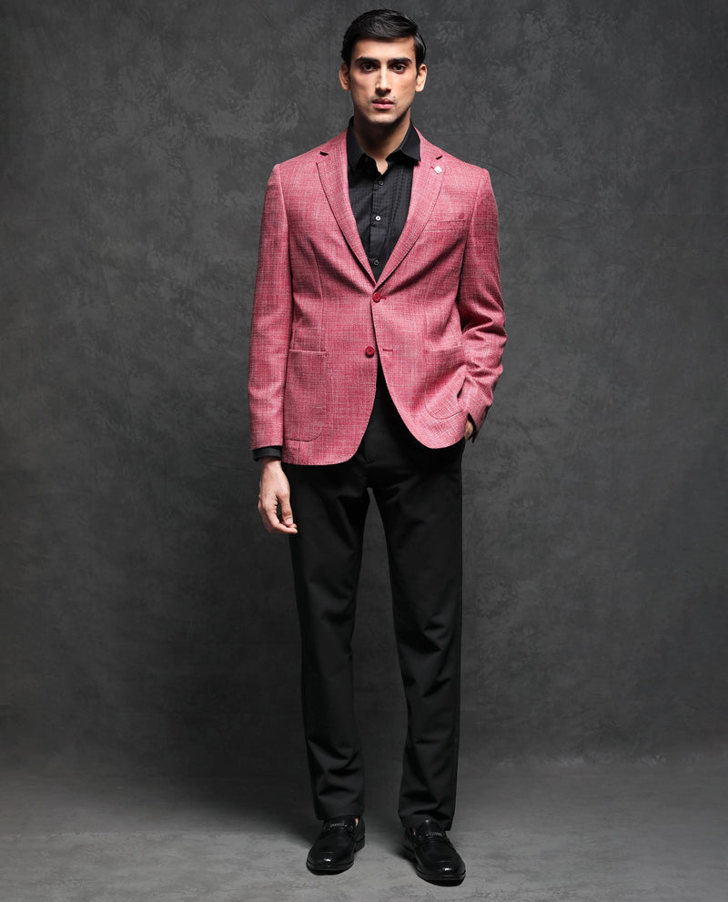 Rare Rabbit Men's Drew Red Polyester Viscose Fabric Notch Lapel Single Breasted Tailored Fit Textured Blazer